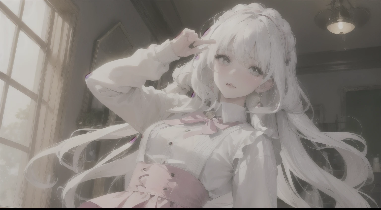 (Highest resolution, clearly_image) best quality, ((((1 female)))), masterpiece, light color, Very detailed,semi-realistic,  A girl with long curly hair, white hair, Awkward,Unbelievable，looking at the audience,  blush, tears, indoor , classroom, oversized sweater, long sleeves, pink pleated skirt ,, mini skirt, Slim, dizzy, collar, small breasts, wide hips, perfect waist,daytime atmosphere, hair accessories, Permanently installed,Facial features,medium shot, (((Awkward)))