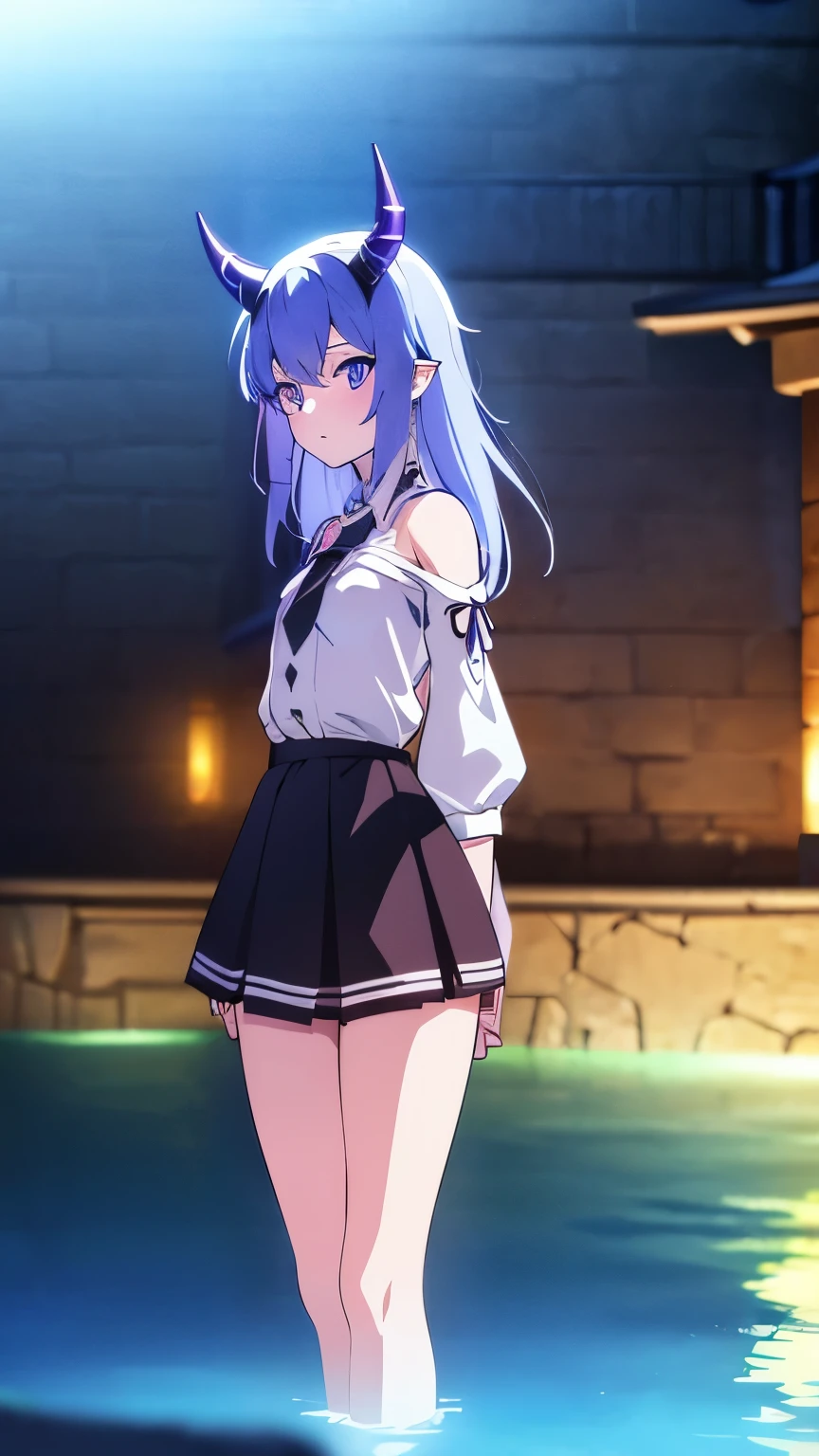 1 girl ,(big Stigmata), non binary, androgynous, School courtyard, (floating hair), ((in courtyard fountain)), character focus, ((black light)),((dark lighting)), cinematic lighting ,(darkness), (concept art), ((innocent face)), blue short straight hair, light blue hair color, dragonoid girl, short, short blue hairy, glowing bluish-purple horns, bluey-purple eye color, (glowing eyes), high resolution,(incredibly absurdres) ,extremely detailed CG unity 8k wallpaper, ((masterpiece)), ((top-quality)), (beautiful illustration), ((an extremely delicate and beautiful)), (masterpiece, Best quality, ultra high resolution), 1 girl, pale skin, Black Crown, purple eyes, Luminous_eyes, neon blue eyes, ultra detailed eyes, Beautiful and detailed face, detailed eyes, (Centered, torso), (wide shot:0.9), facing the viewer, Eye level, flat chested, flat chest, cup size AAA, Wearing black cargo shorts, sharp horns, blue horns on top of head,