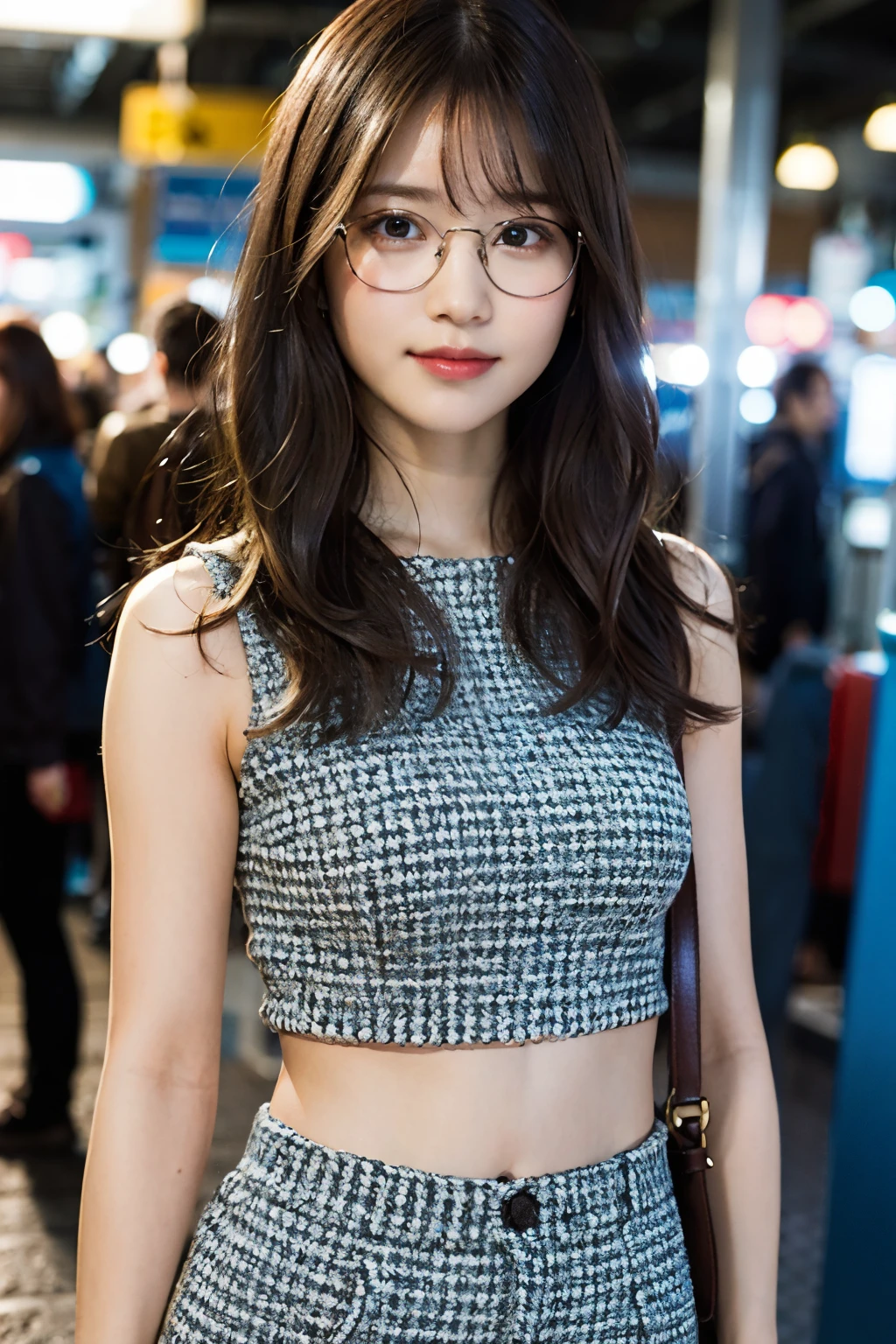 (8k、Raw photo、highest quality、masterpiece:1.2)、(realistic、Photoreal:1.37)、super detailed、超A high resolution、1 girl、see the beholder、beautiful and detailed face、laughter、narrow、(slim waist) :1.3)、shortcut、Fine and beautiful skin、skin texture、floating hair、professional lighting、waiting for the train on the platform、black rimmed square glasses 、human body as a whole、brown hair