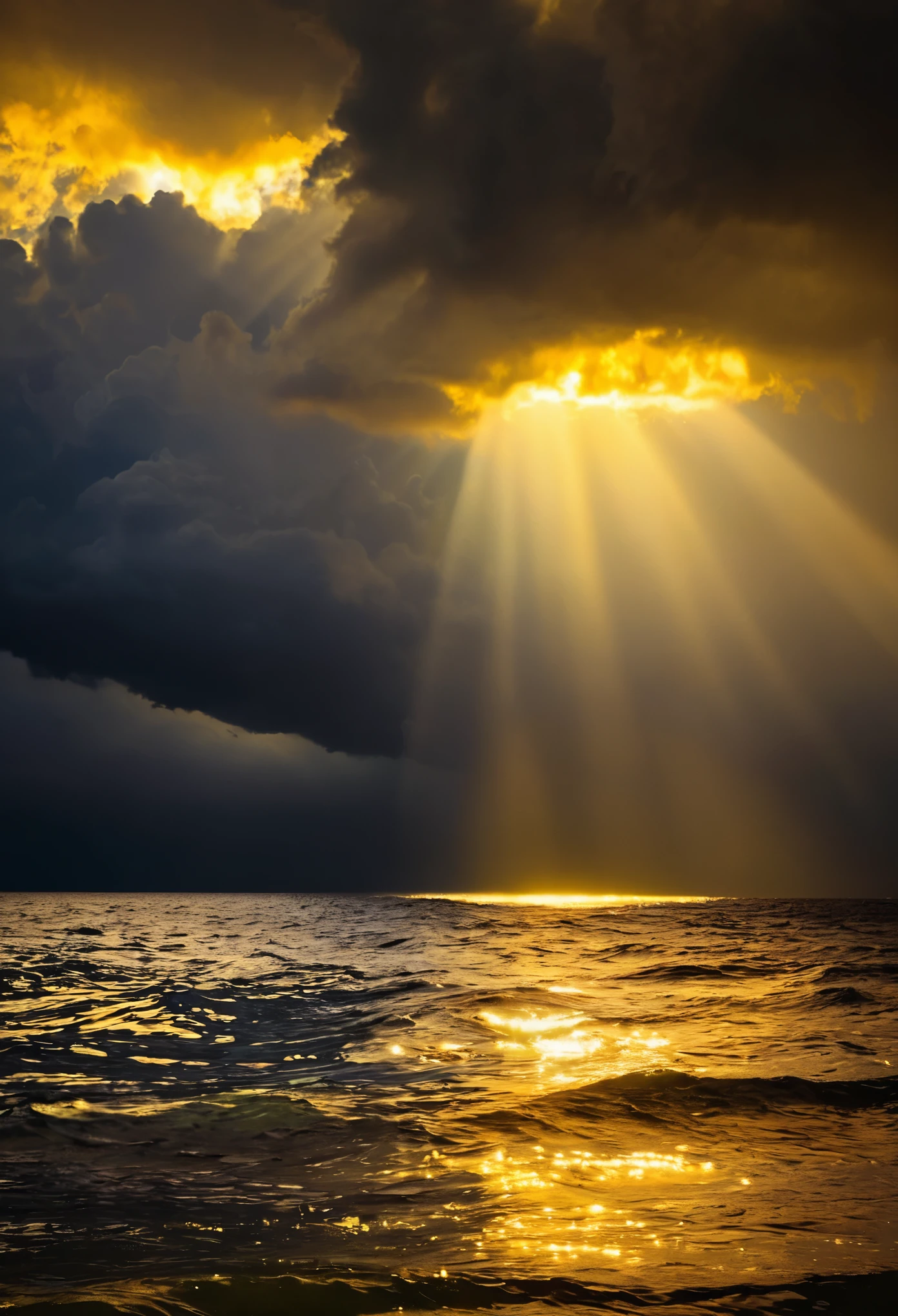 rays of light shining through dark clouds, in the style of dark yellow and dark bronze, serene oceanic vistas, associated press photo, tom chambers