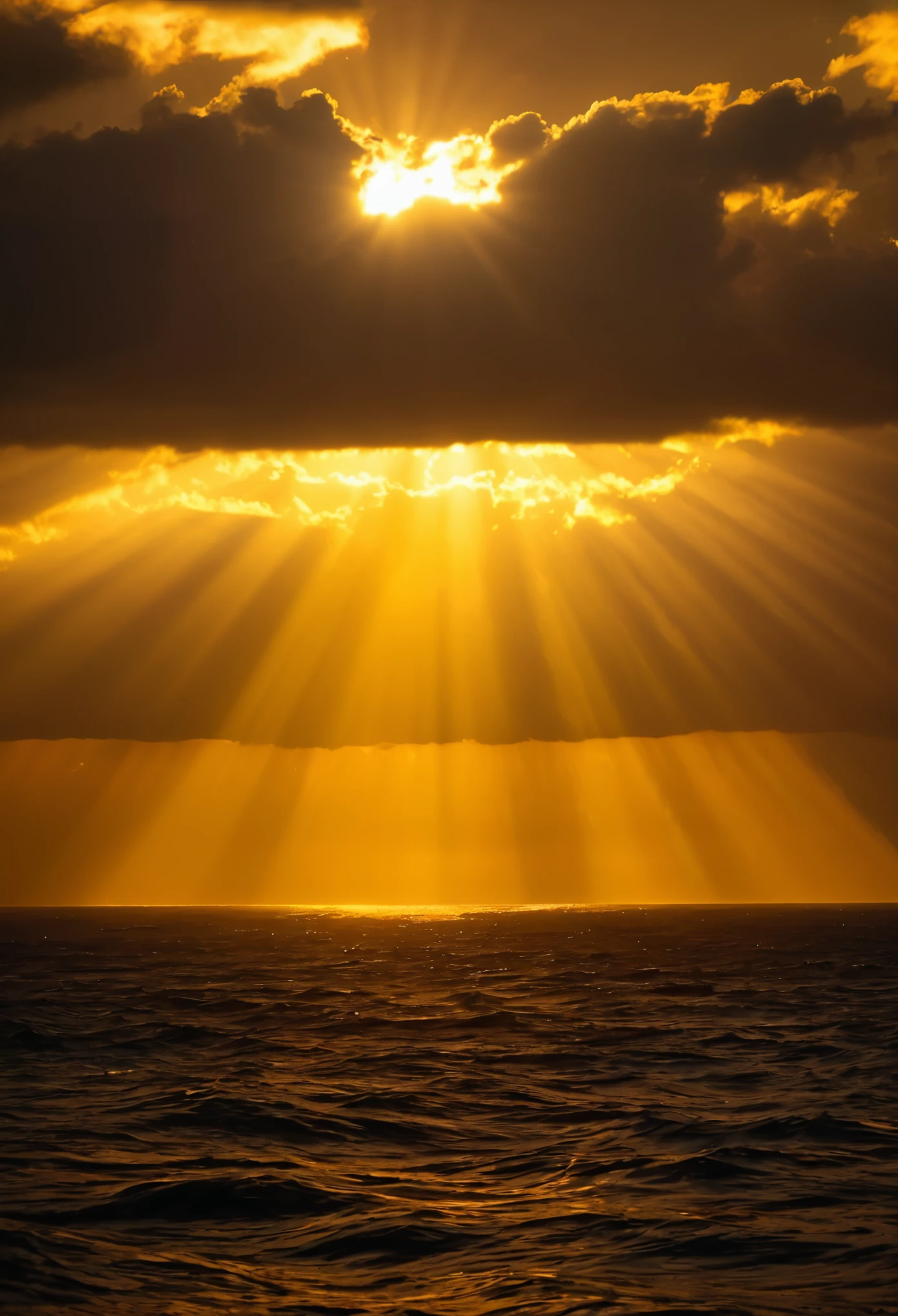 a dark sky with a light shining through it, in the style of romantic seascapes, light brown and gold, flickr, god rays, associated press photo, jan van ravesteyn, dark yellow and silver,There is a piano on the small island in the center of the sea