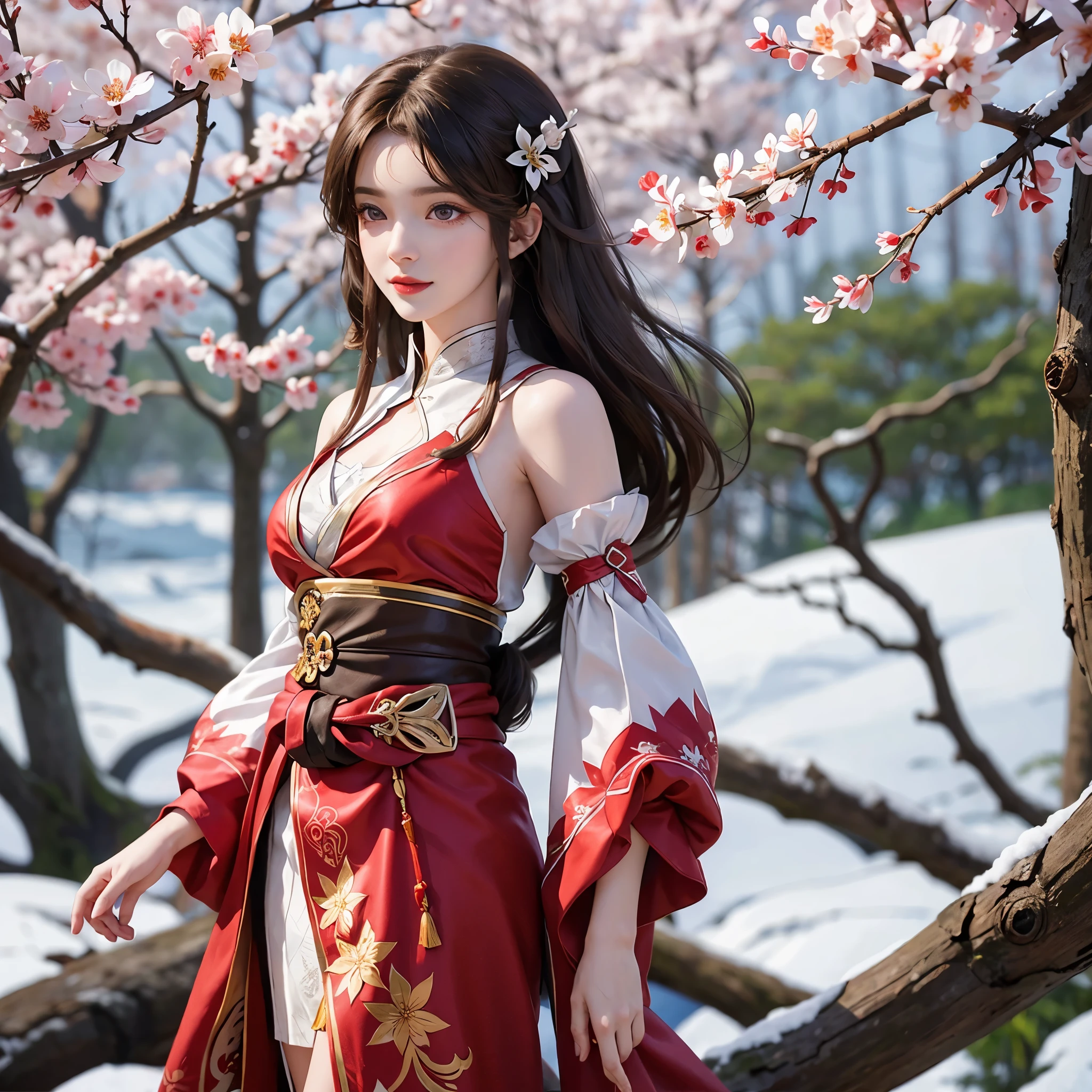 Beautiful girl with long brown hair, bright brown eyes, sweet smile, snow white skin,Her long hair is decorated with red mulberry flowers 🏵️,The girl wore a simple traditional white hanfu with a red cloth tied around her waist, Forest setting filled with mulberry tree ,sakura blossoms, beautiful oriental look in simple traditional hanfu ,