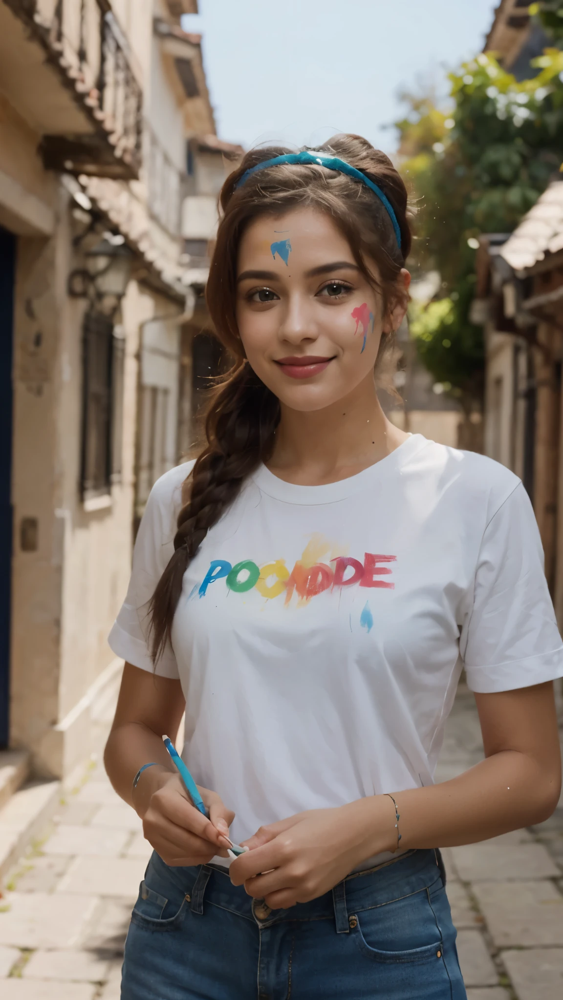 duas pessoas (retrato ultrarealista) ((uma mulher de 26 anos)) recreadora de festa (com um grande sorriso) wearing a pompom headband using two ponytails with a paint brush in hand, (Standing), (retrato de longe)(de uniforme) (roupas coloridas) (body full) (camiseta azul comportada), (saia rosa fofa) retrato realista (showing her standing) (pouco busto) giving a  face paint  ,Corpo todo,fundo branco
