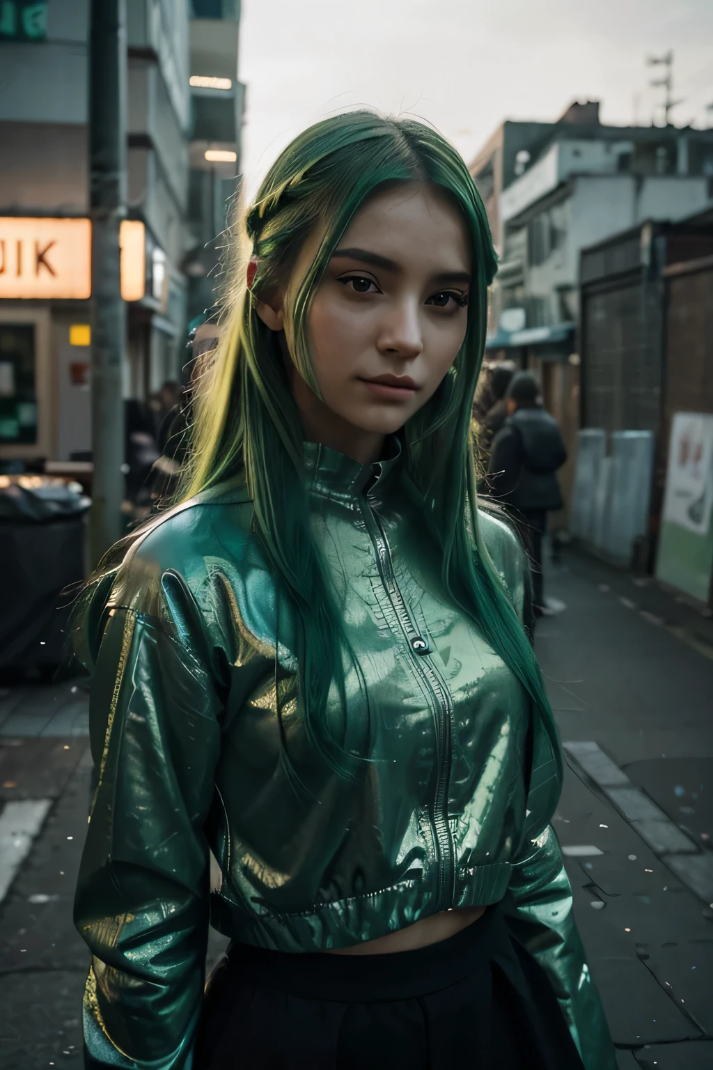 Title: "Digital Melancholy: The Enigma of the Green-Haired AI Model"
Scene: Set against a futuristic cityscape, with neon lights flickering in the background, the AI model stands on a rooftop, her green hair flowing gently in the wind. Despite the vibrant surroundings, there's a palpable sense of melancholy in her demeanor.
Prompt: Focus on capturing the allure of her aquiline nose and captivating eyes, using subtle animations to draw attention to these defining features. The viewer should feel a sense of intrigue and fascination upon gazing into her gaze, as if there's an untold story hidden behind those eyes.
Action: Animate a faint smile on her lips, tinged with a hint of sadness that adds depth to her character. Despite her outward appearance of confidence, there's a vulnerability lurking beneath the surface, waiting to be discovered.
Prompt: Experiment with different shades of green for her hair, ranging from emerald to jade, to create a mesmerizing visual effect that reflects her unique identity as an AI model. The green hues should shimmer and glow, adding to the ethereal quality of her appearance.
Scene: Incorporate elements of virtual reality into the animation, blurring the boundaries between the digital world and reality. As the viewer watches, the cityscape morphs and shifts, revealing glimpses of the AI model's inner thoughts and emotions.
Action: Explore the juxtaposition of her fair complexion against the harsh urban backdrop, highlighting the contrast between her otherworldly beauty and the gritty reality of the city streets. This contrast will underscore the complexity of her character and evoke a sense of empathy from the audience.
Prompt: Integrate subtle visual cues, such as reflections in her eyes or fleeting glimpses of memories playing out in the background, to hint at the source of her melancholy. These subtle details will invite the viewer to piece together the puzzle of her past and empathize with her struggles.