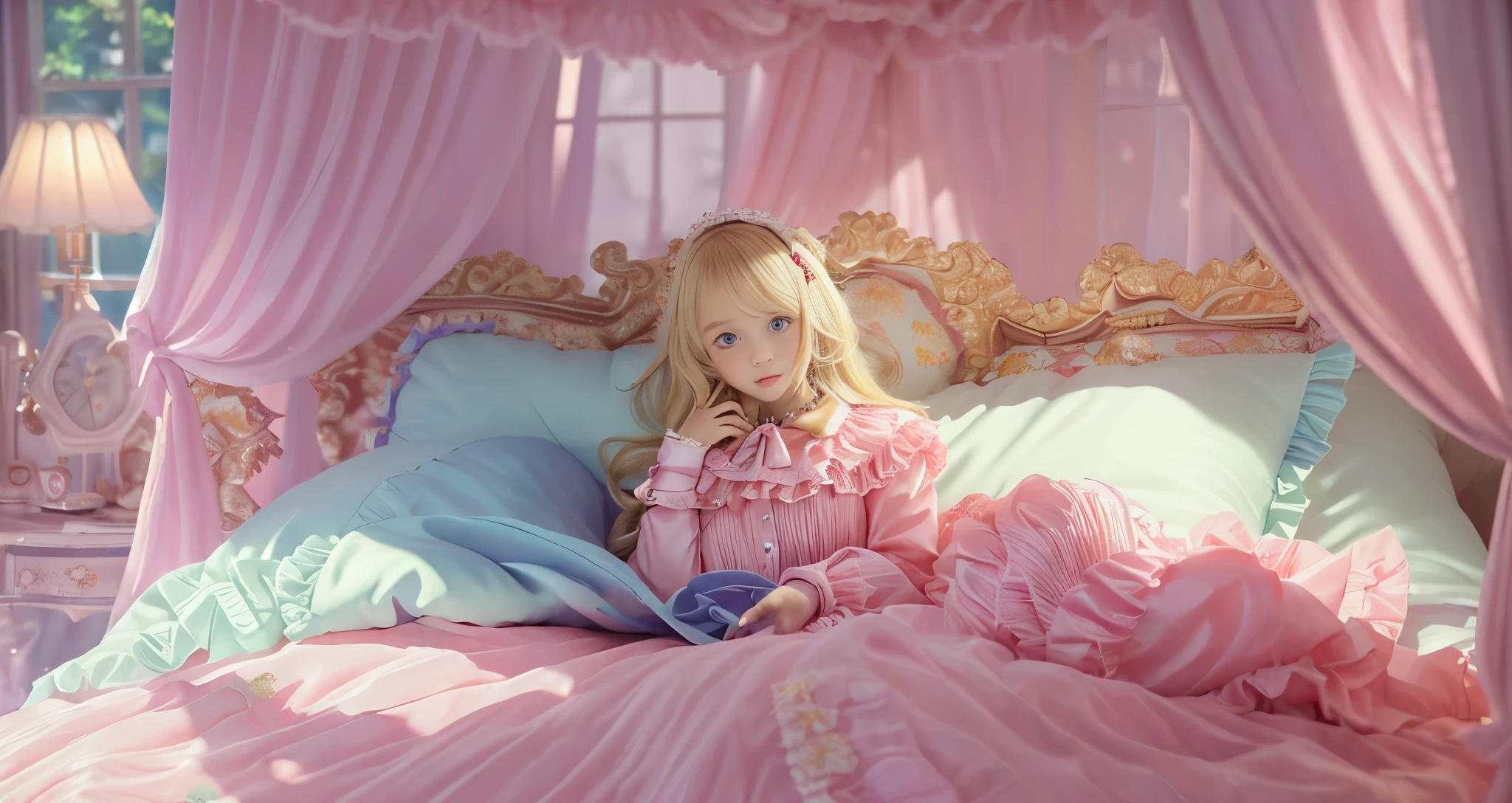 ,highest quality, masterpiece, highest resolution, artwork, super それにget used to it, many get used to it, get used to it, それにget used to it, 3K realistic photos,(( 10 year old girl)),Super detailed baby face,high quality small face,long blonde hair that grows to the waist,blue eyes,白い肌のeuropean,pajamas, european,(((super long blonde hair))),curly hair,blue eyes,((((ピンクのロリータファッションのlong skirtのワンピースドレス)))),((Pink nightgown with lots of frills and ribbons)),((Luxurious headdress with frills and ribbons)),detailed headdress,,(((big yoke collar))),Yoke collar with ruffles and ribbons,((((long sleeve)))),ruffle sleeves,((((long skirt)))),white ruffle and lace socks,large frill and ribbon pillow,(((Nice pink outfit))),豪華なcanopy bedの上,canopy bed,The bed is surrounded by luxurious curtains,many frilly pillows on the bed,There are many frilly pillows behind the girl.,super detailed background,detailed bed,soft pink comforter,Highly detailed soft ruffle pillow,Beautiful girl illustration,detailed beautiful face,fine hair,detailed eye ,detailed eyes,detailed mouth, arm details,fine hands,Detailed pillow,wide bed,Illustration on the bed, ,((((round futon)))),((((A large ruffled futon that covers the entire bed)))),detailed comforter,detailed bedシーツ,Before bedtime,romantic atmosphere,palace bedroom,((((The lower half of the body is completely covered by a large, bulging futon..)))) The girl is leaning on a pile of pillows, ,((((round futon)))),((((A large ruffled futon that covers the entire bed)))),