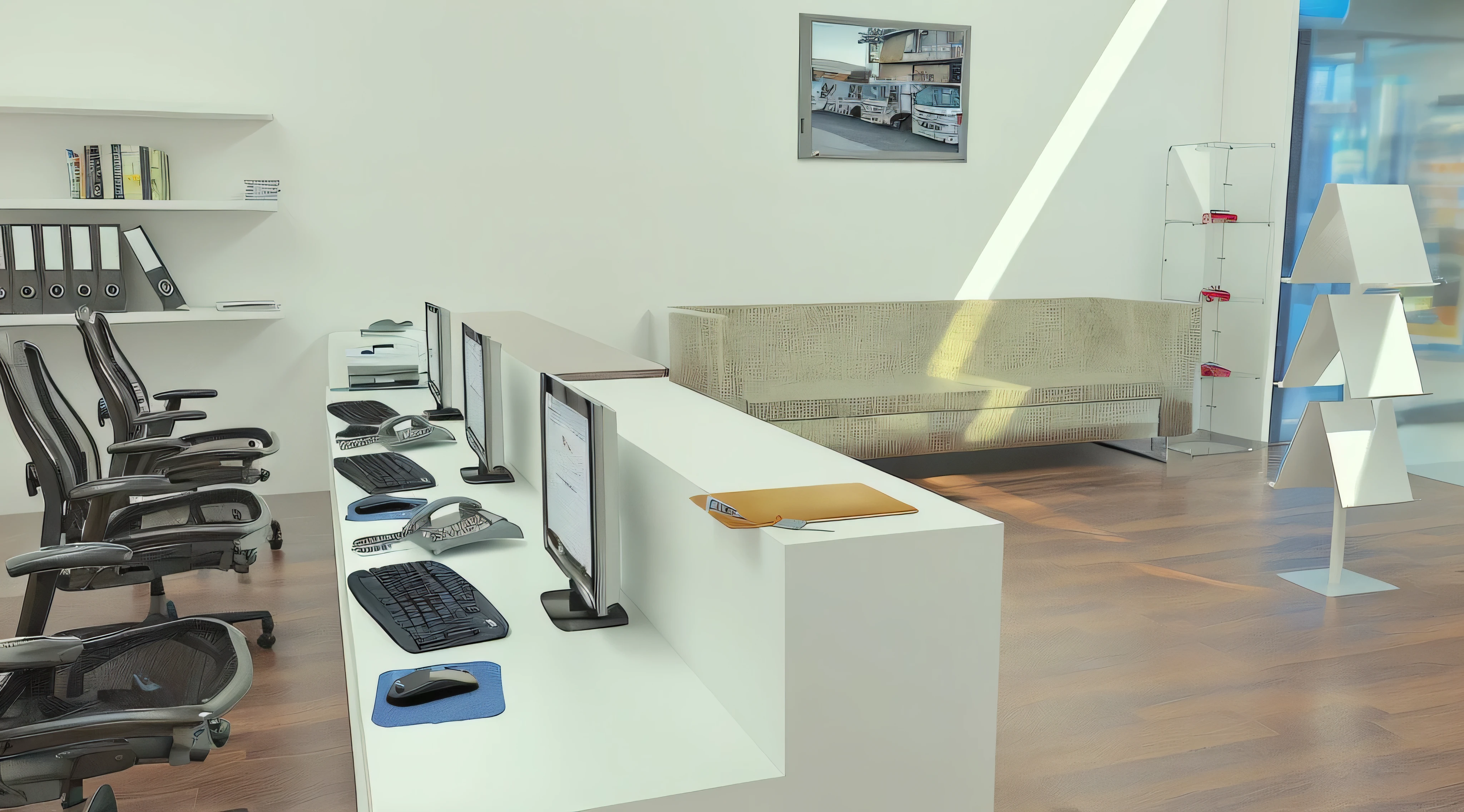 there are many computers on the desk in this office, modern office, cg render, render in vray, 3d-render, vray rendered, rendered in vray, rendered in v-ray, render 3 d, 3 drender, 3 d finalrender, 3d finalrender, rendered in 3 dsmax, 3d render”, office interior
