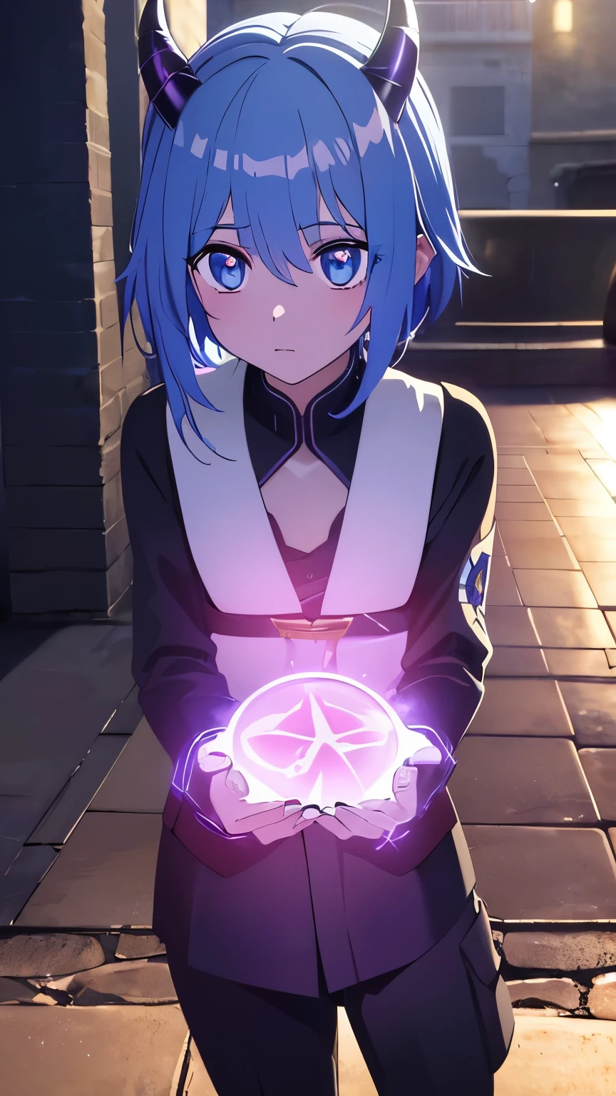 1 girl ,(big Stigmata), non binary, androgynous, School courtyard, (floating hair), ((in courtyard fountain)), character focus, ((black light)),((dark lighting)), cinematic lighting ,(darkness), (concept art), ((innocent face)), blue short straight hair, light blue hair color, dragonoid girl, short, short blue hairy, glowing bluish-purple horns, bluey-purple eye color, (glowing eyes), high resolution,(incredibly absurdres) ,extremely detailed CG unity 8k wallpaper, ((masterpiece)), ((top-quality)), (beautiful illustration), ((an extremely delicate and beautiful)), (masterpiece, Best quality, ultra high resolution), 1 girl, pale skin, Black Crown, purple eyes, Luminous_eyes, neon blue eyes, ultra detailed eyes, Beautiful and detailed face, detailed eyes, (Centered, torso), (wide shot:0.9), facing the viewer, Eye level, flat chested, flat chest, cup size AAA, Wearing black cargo shorts, sharp horns, blue horns on top of head,