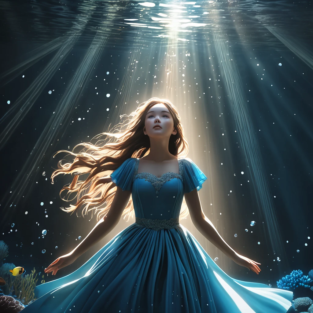 masterpiece, best quality, Tyndall effect, caustics, blue dress, underwater, 1girl, long hair, looking up, light scattering, volumetric lighting, light beams, sun rays, particles, atmosphere, photorealistic, unreal engine 5, cinematic lighting, 8k
