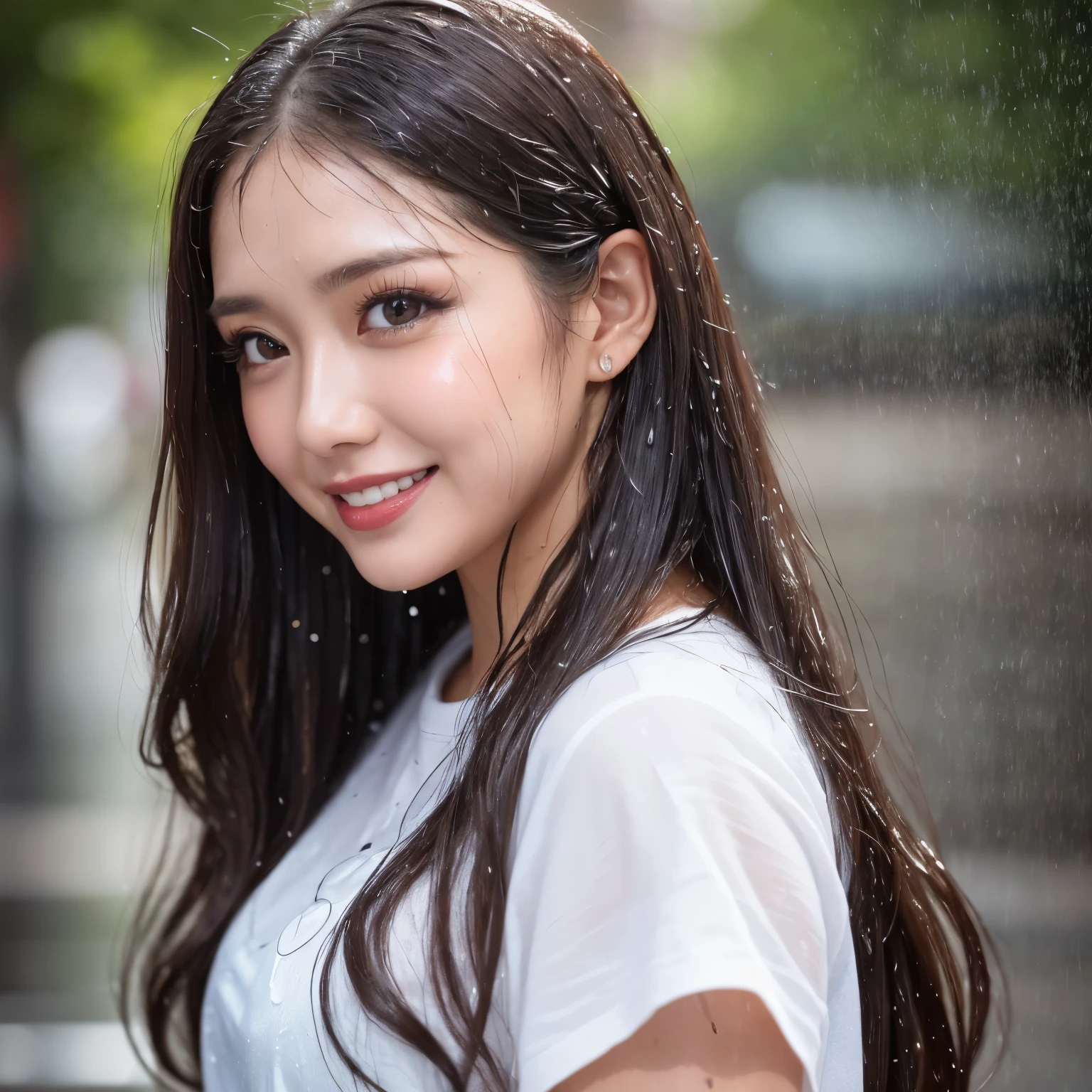 (Best-quality, Masterpiece, Ultra-High-Resolution, (Photorealistic:1.4), Raw Photo, depth of field, professional lighting, perfect anatomy, extremely details), 1girl, 15-years-old, the most famous Japanese idol, (((at street in heavy-rain, standing in heavy rain, wearing wet blouse from heavy-rain, extremely wet hair from heavy-rain))), (extremely cute wet-face from heavy-rain, (extremely cute and extremely big eyes), extremely beautiful realistic-skins), extremely cute long-eyelashes, extremely cute lips, looking at viewer, ((innocent smile))