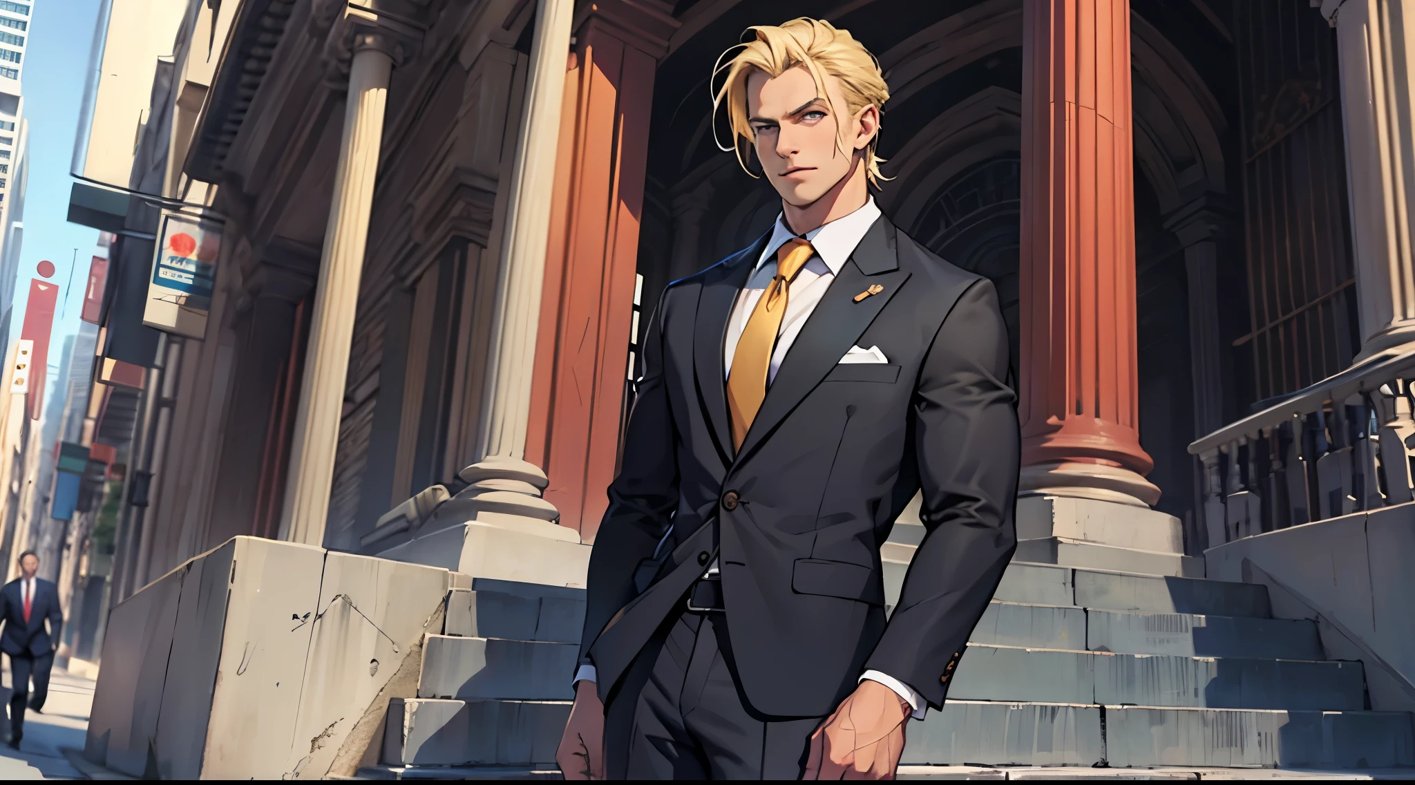 Handsome man in a suit and tie, with blond hair, in a businessman pose, without Bottomless