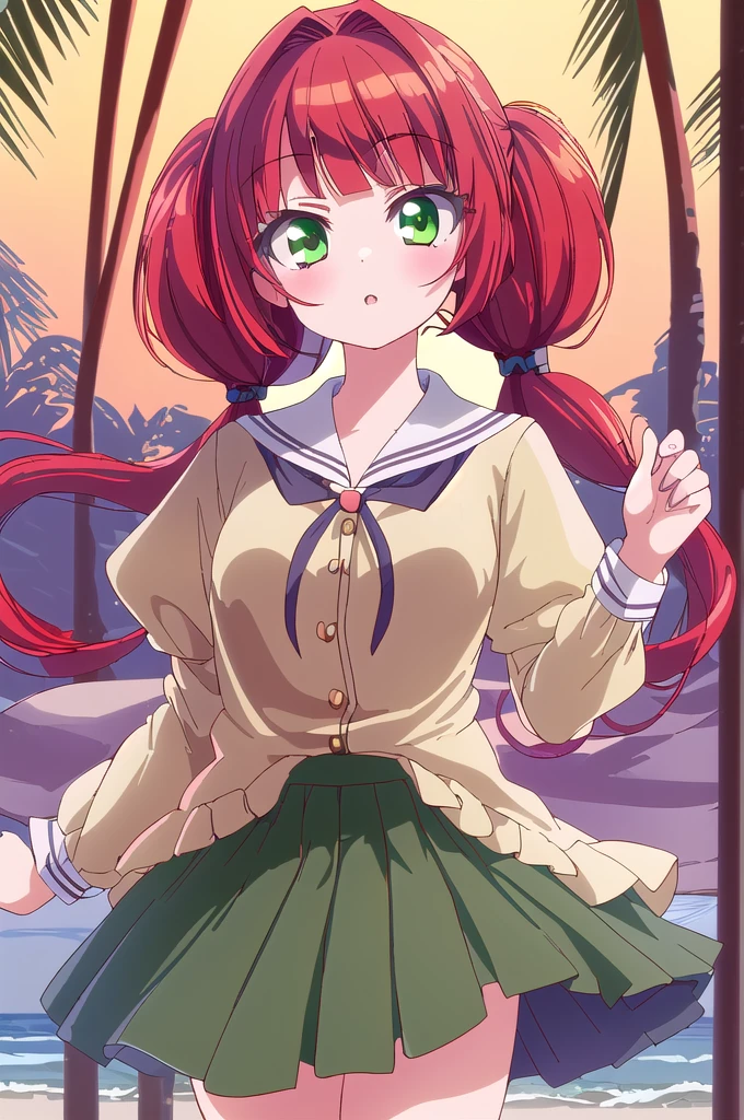 masterpiece, best quality, 1girl, (petite), (Itsuki), (star hair ornaments), (red cardigan vest), (green skirt), (microskirt), (panties), (micro panties), (highleg panties), (pink panties), (strong thighs), thigh strap, sitting, (reclining), (outstretched legs), (outdoors), (picnic), (cherry blooms)