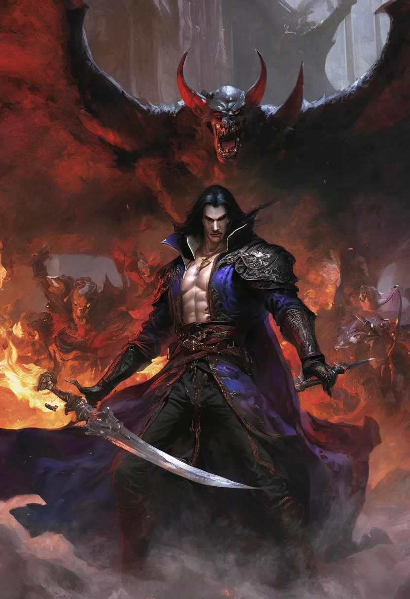 Castlevania Shadow Lords Ultra Realistic Ultra Detailed Dynamic Footage Masterpiece Movie Scene Movie Epic Legend Dracula Leader Hand-held Demon Confrontation Sharp Details Movie Scene Cinematic Epic Legend Many demons gathered around Lord Dracula's Fury