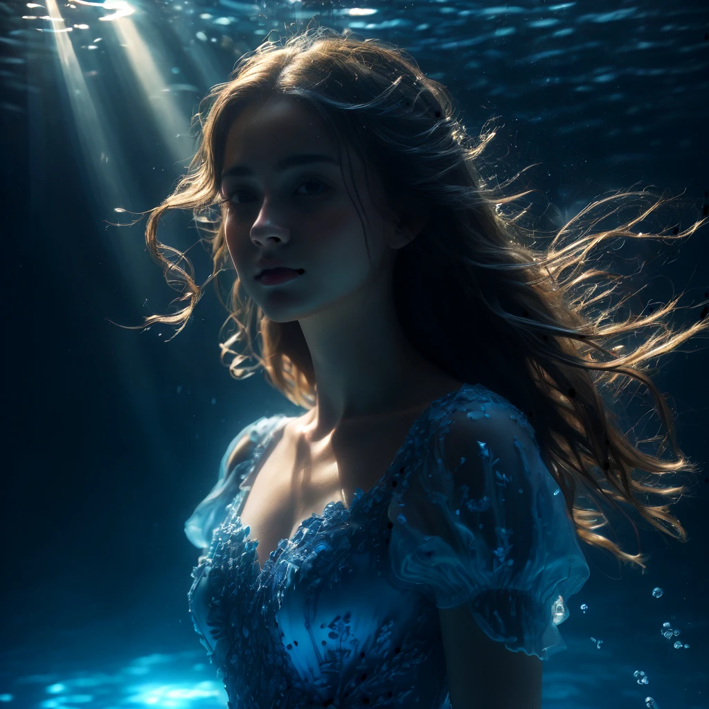 masterpiece, best quality, Tyndall effect, caustics, blue dress, underwater, 1girl, long hair, looking up, light scattering, volumetric lighting, light beams, sun rays, particles, atmosphere, photorealistic, unreal engine 5, cinematic lighting, 8k