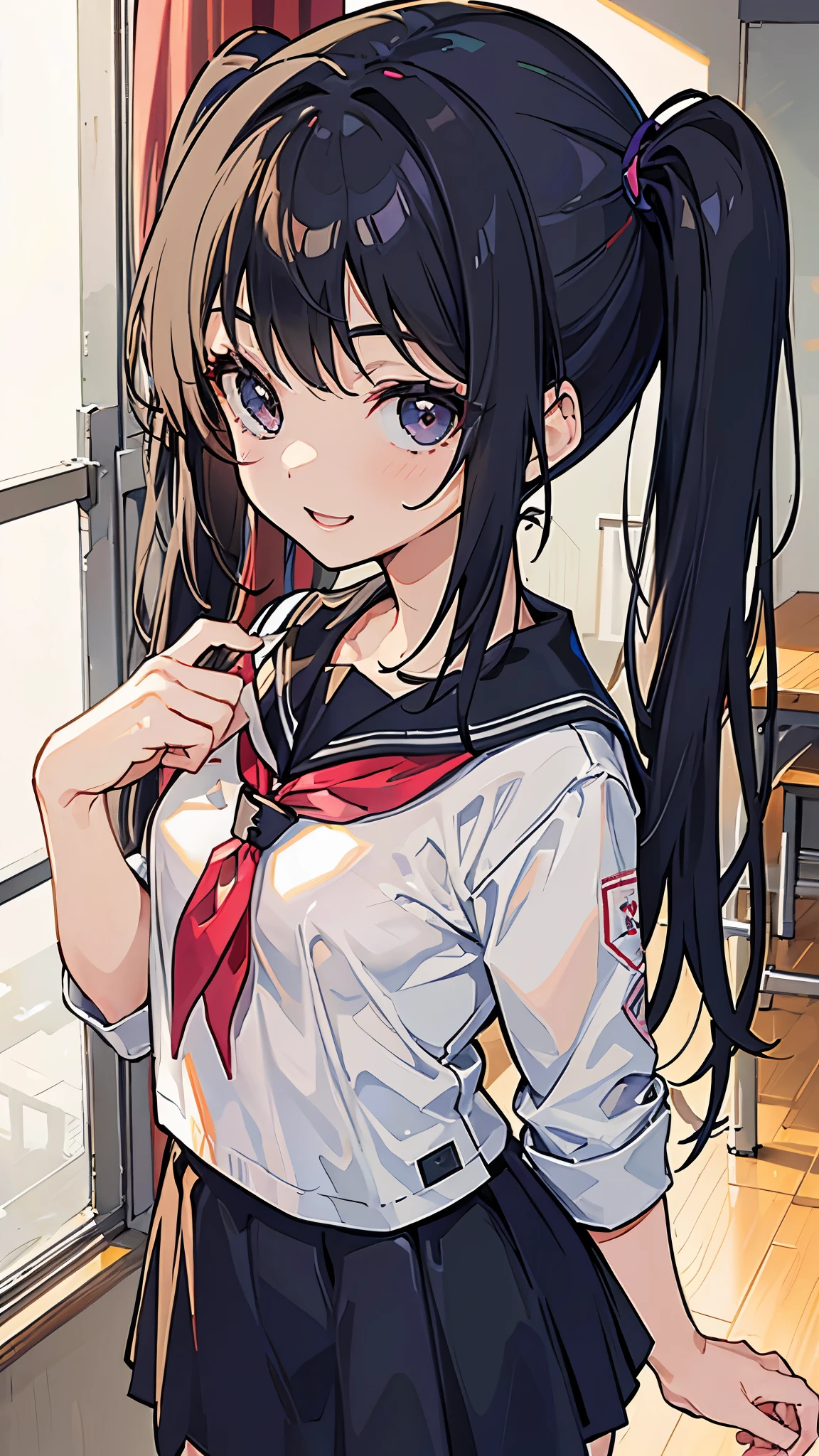 (8K、Highest image quality、highest quality、masterpiece)、detailed face、1 girl、black hair、short twintails、gray eyes、smile、small breasts、((black serafuku))、((have a condomwrapper))、cowboy shot、classroom background