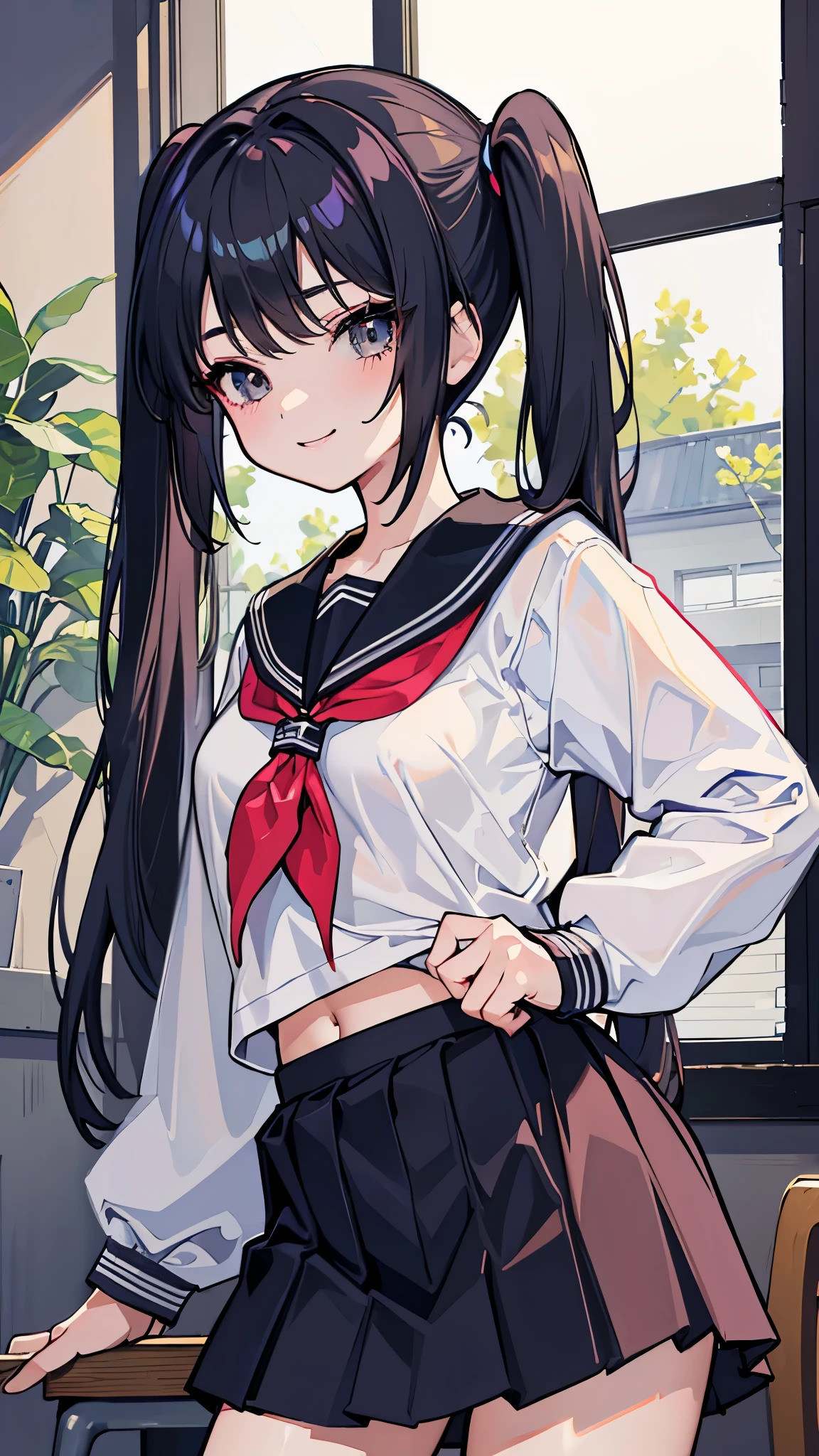 (8K、Highest image quality、highest quality、masterpiece)、detailed face、1 girl、black hair、short twintails、gray eyes、evil smile、small breasts、((black serafuku))、long sleeve、((skirt lift))、((pussy))、Take from below、cowboy shot、classroom background、((nsfw))