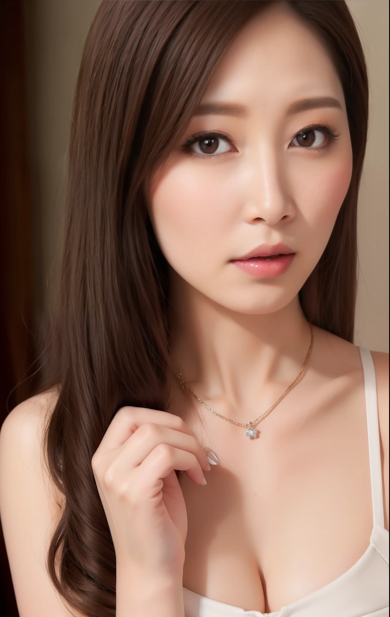 masterpiece,best quality, (one milf), ((portrait:1.5)), makeup, elegant grey suit, white shirt, touch own chest, ((seduction expression)),