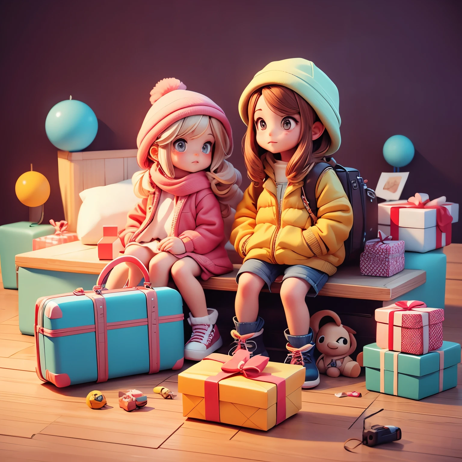 There are various toys on the floor,suitcases,gift