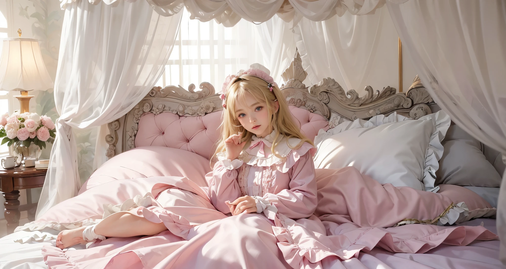 ,highest quality, masterpiece, highest resolution, artwork, super それにget used to it, many get used to it, get used to it, それにget used to it, 3K realistic photos,(( 10 year old girl)),Super detailed baby face,high quality small face,long blonde hair that grows to the waist,blue eyes,白い肌のeuropean,pajamas, european,(((super long blonde hair))),curly hair,blue eyes,((((ピンクのロリータファッションのlong skirtのワンピースドレス)))),((Pink nightgown with lots of frills and ribbons)),((Luxurious headdress with frills and ribbons)),detailed headdress,,(((big yoke collar))),Yoke collar with ruffles and ribbons,((((long sleeve)))),ruffle sleeves,((((long skirt)))),white ruffle and lace socks,large frill and ribbon pillow,(((Nice pink outfit))),豪華なcanopy bedの上,canopy bed,The bed is surrounded by luxurious curtains,many frilly pillows on the bed,There are many frilly pillows behind the girl.,super detailed background,detailed bed,soft pink comforter,Highly detailed soft ruffle pillow,Beautiful girl illustration,detailed beautiful face,fine hair,detailed eye ,detailed eyes,detailed mouth, arm details,fine hands,Detailed pillow,wide bed,Illustration on the bed, ,((((round futon)))),((((A large ruffled futon that covers the entire bed)))),detailed comforter,detailed bedシーツ,Before bedtime,romantic atmosphere,palace bedroom,((((The lower half of the body is hidden under a large futon...)))) The girl is leaning on a pile of pillows, ,((((round futon)))),((((A large ruffled futon that covers the entire bed)))),