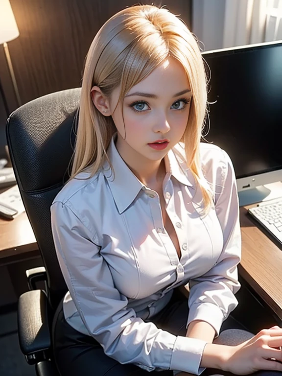 (best quality, 8k, highres, photorealistic:2.0), (solo, one girl:2.0),(lighting: front),(lighting: strong),(ultimate beautiful girl:2.0),(shiny skin),(oily skin),(platinum blonde hair:1.5),(straight hair:2.0),Blush brown makeup , dark eye makeup , use pink glossy lipstick,(big eyes girl:1.5),(thin woman:1.5),(Photographed in the sophisticated office of an information technology company:1.8),(elite business woman:1.8),(Career woman who can work very well),(I'm so absorbed in work that I don't have a boyfriend),(woman not interested in love),(I'm not interested in fashion),(I wear accessories that do not interfere with my work.),(she has no love experience at all),(she feels alone),(She is not good at talking to men),(she is shy and silent),(I don't want to stand out and I'm concerned about people's attention),(She has a dark personality and negative thoughts.:1.5),(she suffers from depression),(She has many complexes and has no one to rely on.),(intelligent woman:1.5),(A woman who takes her work seriously),(I'm a little unwell),(I like coffee and drink it all the time),(mentally unstable),(I have a hard time with insomnia.),(unpopular woman),(unconfident:1.5),(want pure love),(plain and introverted woman:1.3),(She has a hobby that she cannot tell anyone about, and that is masturbation),(she is pure:1.5),(Prefer clothes suitable for office work),(A woman whose life is difficult),(A woman exhausted from long working hours),(woman's sex appeal:1.5),