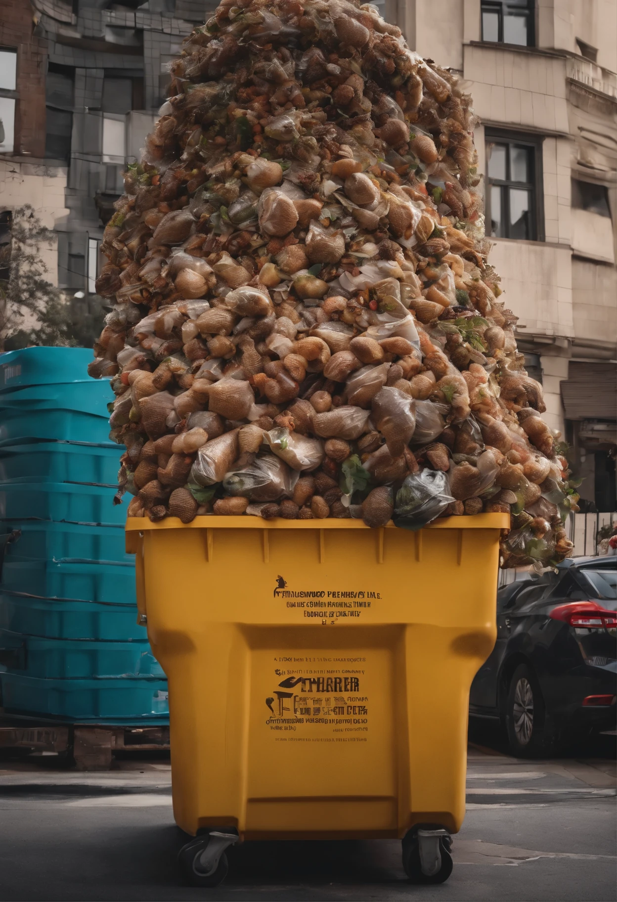 A giant trash can full of food below it are very thin people trying to reach the food, are climbing the dumpster climbing on each other to reach the top