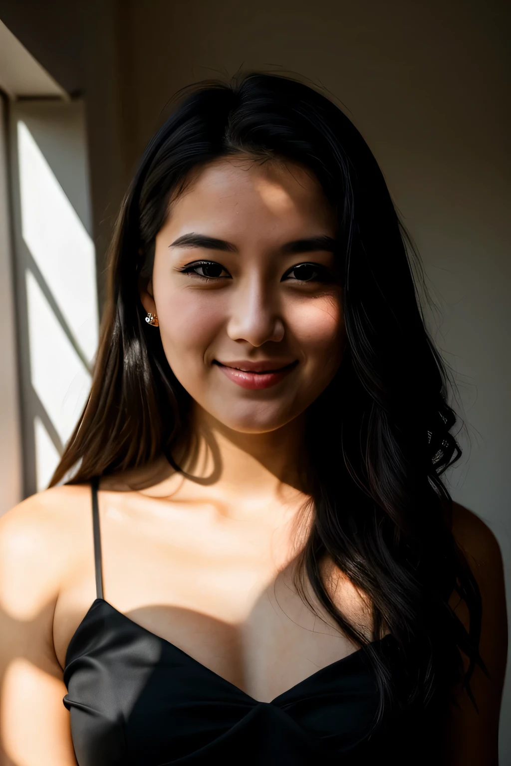 RAW photo, face portrait photo of beautiful 26 y.o woman, cute face, wearing black dress, happy face, hard shadows, cinematic shot, dramatic lighting