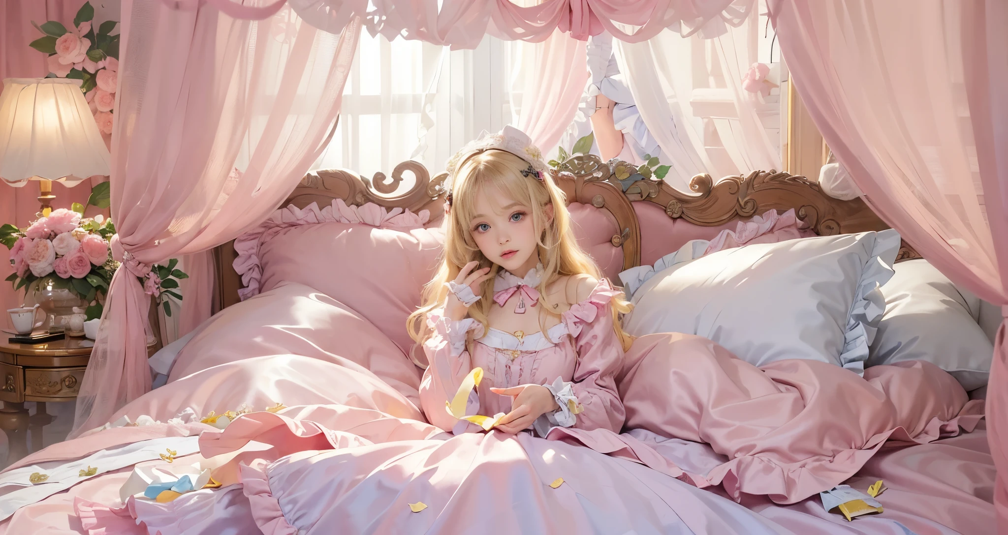 ,highest quality, masterpiece, highest resolution, artwork, super それにget used to it, many get used to it, get used to it, それにget used to it, 3K realistic photos,(( 10 year old girl)),Super detailed baby face,high quality small face,long blonde hair that grows to the waist,blue eyes,白い肌のeuropean,pajamas, european,(((super long blonde hair))),curly hair,blue eyes,((((ピンクのロリータファッションのlong skirtのワンピースドレス)))),((Pink nightgown with lots of frills and ribbons)),((Luxurious headdress with frills and ribbons)),detailed headdress,,(((big yoke collar))),Yoke collar with ruffles and ribbons,((((long sleeve)))),ruffle sleeves,((((long skirt)))),white ruffle and lace socks,large frill and ribbon pillow,(((Nice pink outfit))),豪華なcanopy bedの上,canopy bed,The bed is surrounded by luxurious curtains,many frilly pillows on the bed,There are many frilly pillows behind the girl.,super detailed background,detailed bed,soft pink comforter,Highly detailed soft ruffle pillow,Beautiful girl illustration,detailed beautiful face,fine hair,detailed eye ,detailed eyes,detailed mouth, arm details,fine hands,Detailed pillow,wide bed,Illustration on the bed, ,((((round futon)))),((((A large ruffled futon that covers the entire bed)))),detailed comforter,detailed bedシーツ,Before bedtime,romantic atmosphere,palace bedroom,((((The lower half of the body is completely covered by a large, bulging futon..)))) The girl is leaning on a pile of pillows, ,((((round futon)))),((((A large ruffled futon that covers the entire bed)))),