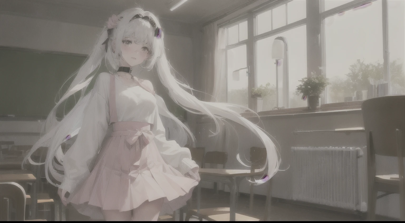 (Highest resolution, clearly_image) best quality, ((((1 female)))), masterpiece, light color, Very detailed,semi-realistic, ,Facial features,medium shot, standing，A girl with long curly hair, white hair, Awkward,Unbelievable，looking at the audience,  blush, tears, indoor , classroom, oversized sweater, long sleeves, pink pleated skirt ,, mini skirt, Slim, dizzy, collar, small breasts, wide hips, perfect waist,daytime atmosphere, hair accessories, Permanently installed (((Awkward)))