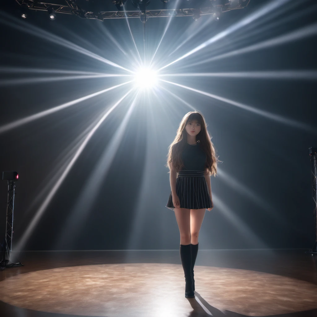 Tyndall Effect, aesthetic, extremely detailed, masterpiece, best quality, Tyndall effect, light beams, stage lights, 1girl, solo, long hair, thighhighs, on stage, looking up, light scattering, volumetric lighting, spotlights, rays, atmosphere, octane render, photorealistic, 8k