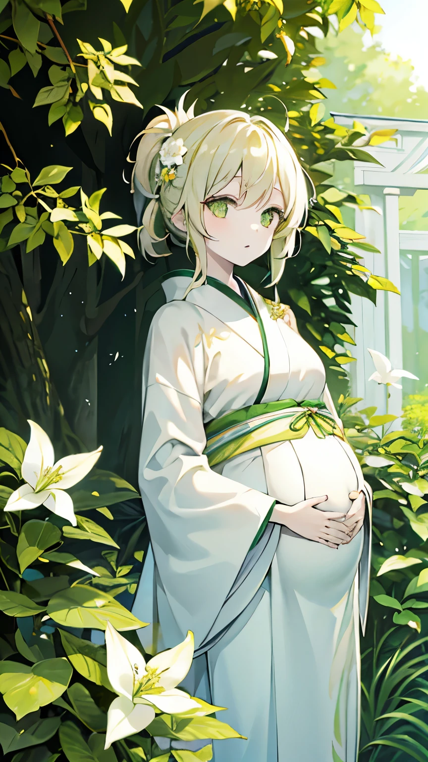 one girls（pale yellow-green eyes、light cream colored hair、pale yellow-green kimono、cute little、Leaves are fluttering）, pregnant 