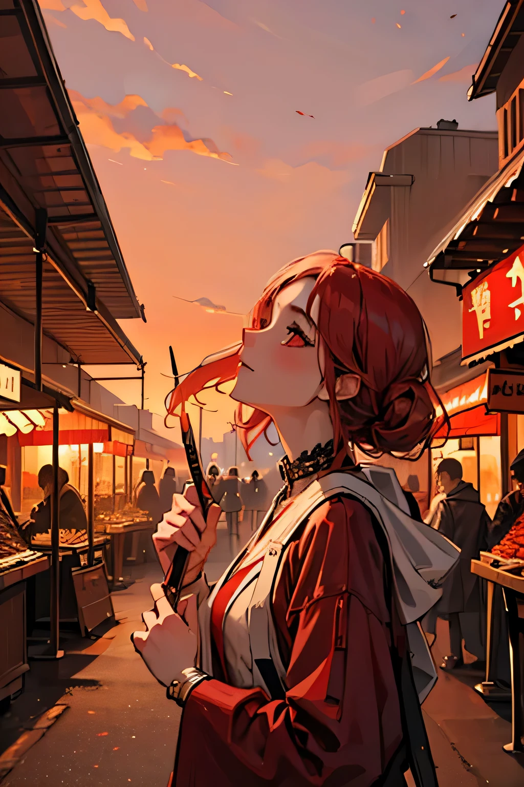 A woman holding a dagger looking up at the blood red sky in a market, with her companions