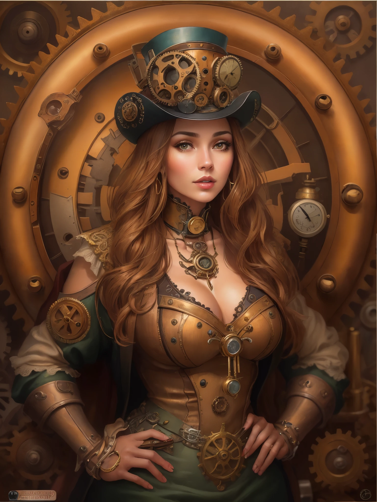 Steampunk style ((best quality)) , ((masterpiece)) ,((details)),Airbrush painting, Astonishing pear-shaped figure Female, dressed in 2000'S Gradient Mahotella, moody lighting, Instax, masterpiece, painterly, ((Simple background)),8k resolution . Antique, mechanical, brass and copper tones, gears, intricate, detailed