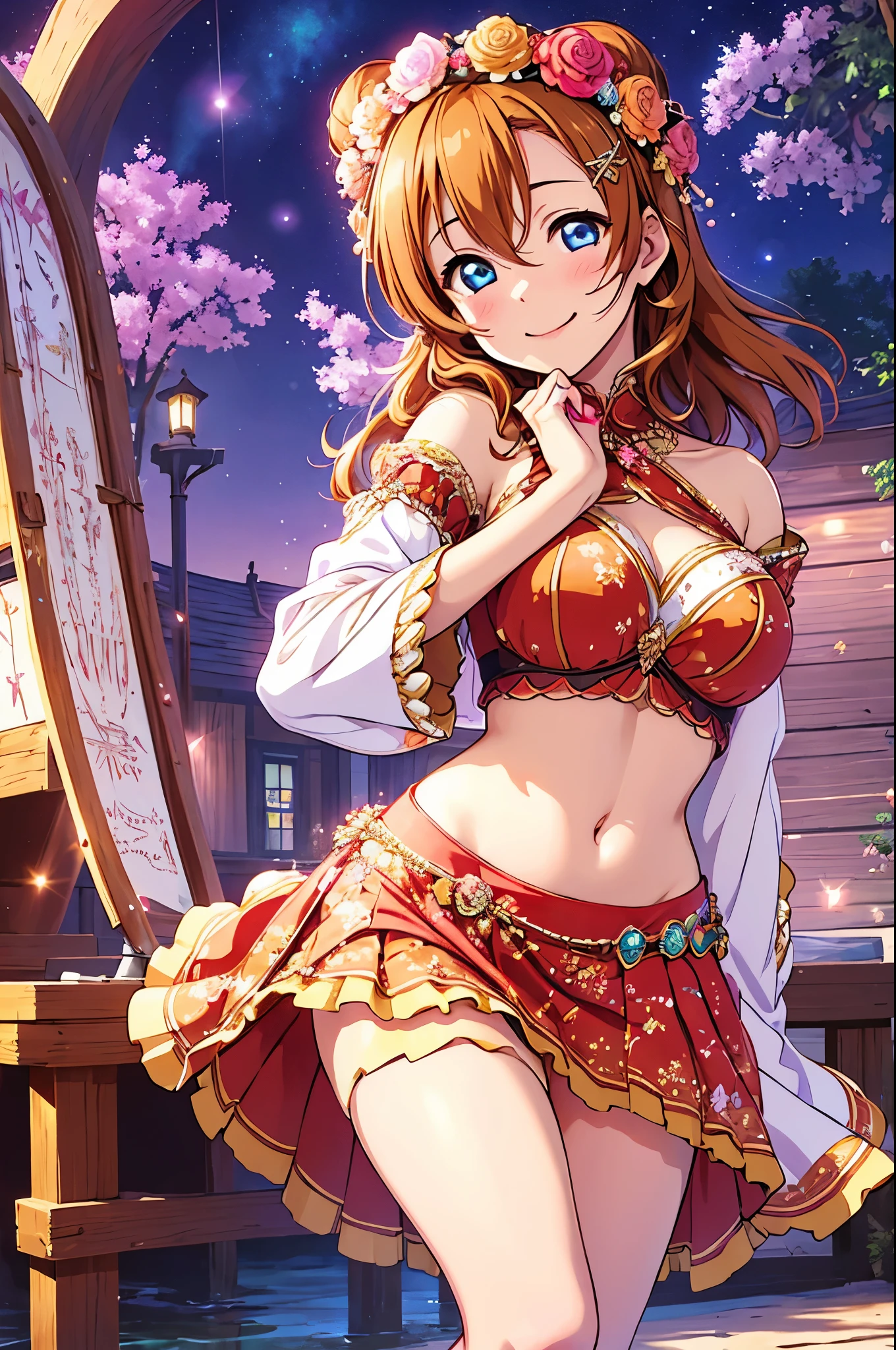 (best quality, realistic:1.2), kousaka honoka, long hair, stunning eyes, mesmerizing glowing eyes, long dress with sleeves, midriff, skin tight,delicate blush, enchanting night scenery, blooming flowers under the moonlight, warm sunlight filtering through the branches and casting a gentle glow, hands on hip, dancing, smile, goddess, goddess wings