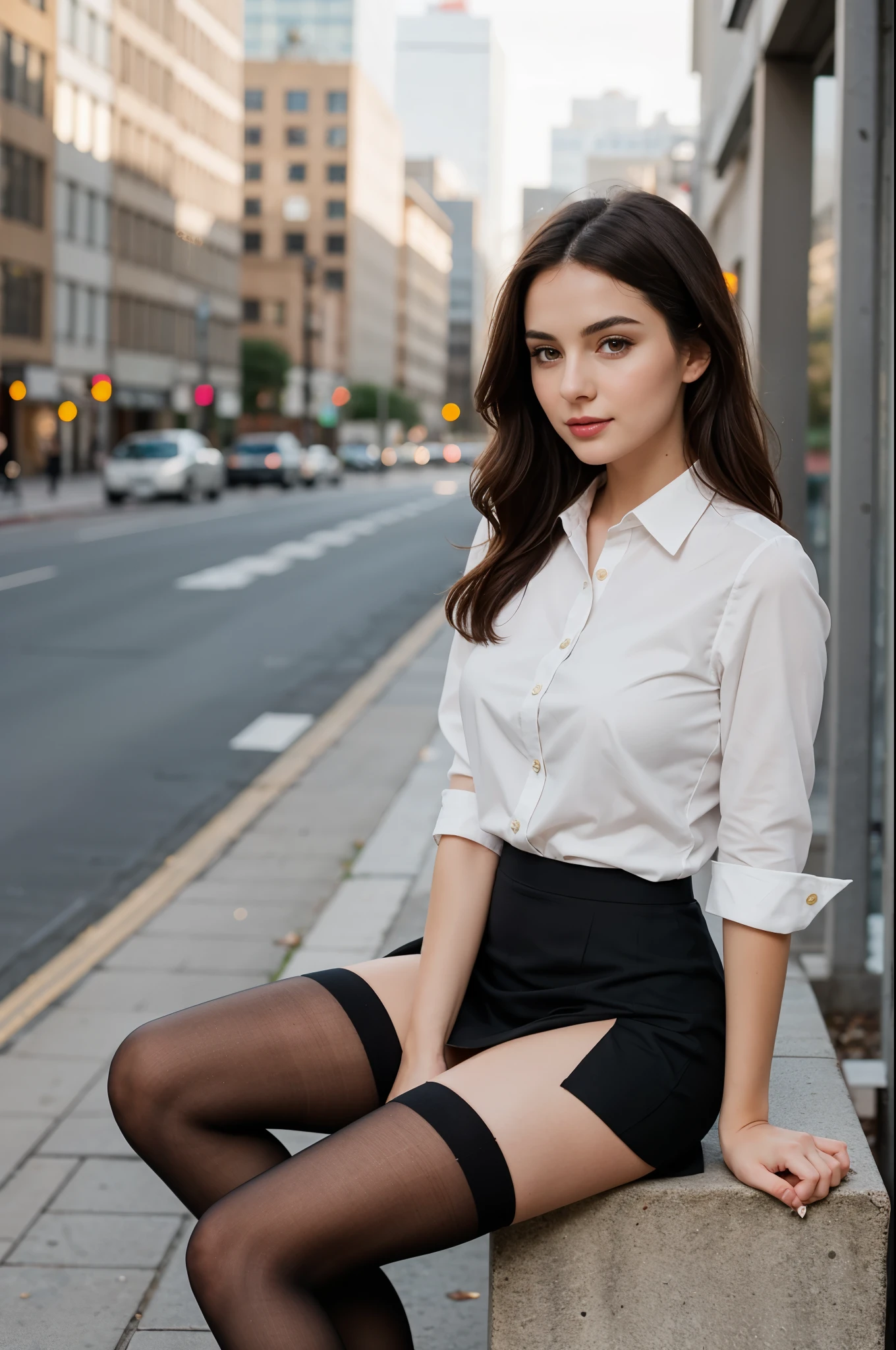 Best quality, full body portrait, delicate face, pretty face, 25 year old woman, slim figure, small bust, OL uniform, office clothes, black stockings, outdoor scene, big city,  sitting position