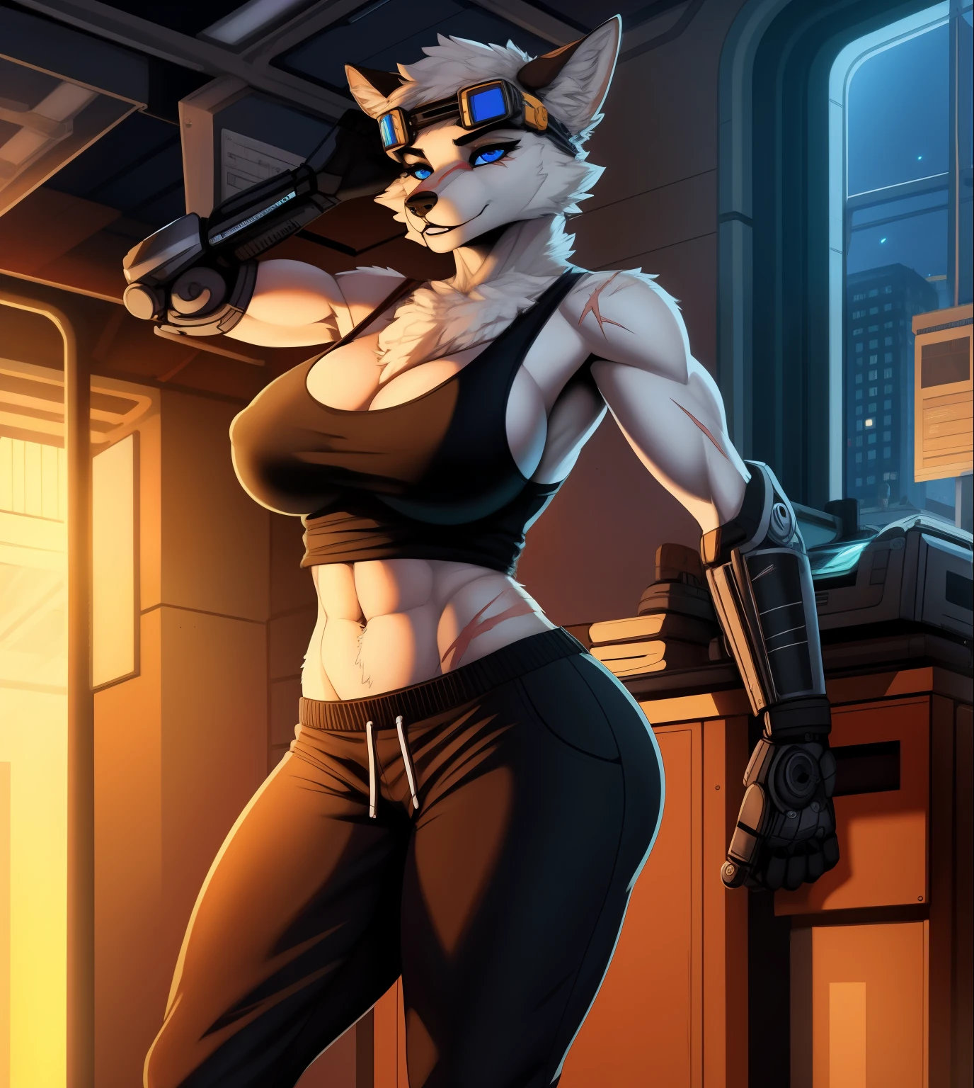 muscular_mature_timberwolf full_breasts female black_furry_body blue_eyes chest_tuft very_fluffy scars solo Masterpiece best_quality absurdres highly_detailed well_drawn_eyes anthro_only by_claweddrip, by_greasymojo, by_underscore-b, by_runawaystride tank_top sweatpants cybernetic_arm cybernetic_hand goggles workbench
