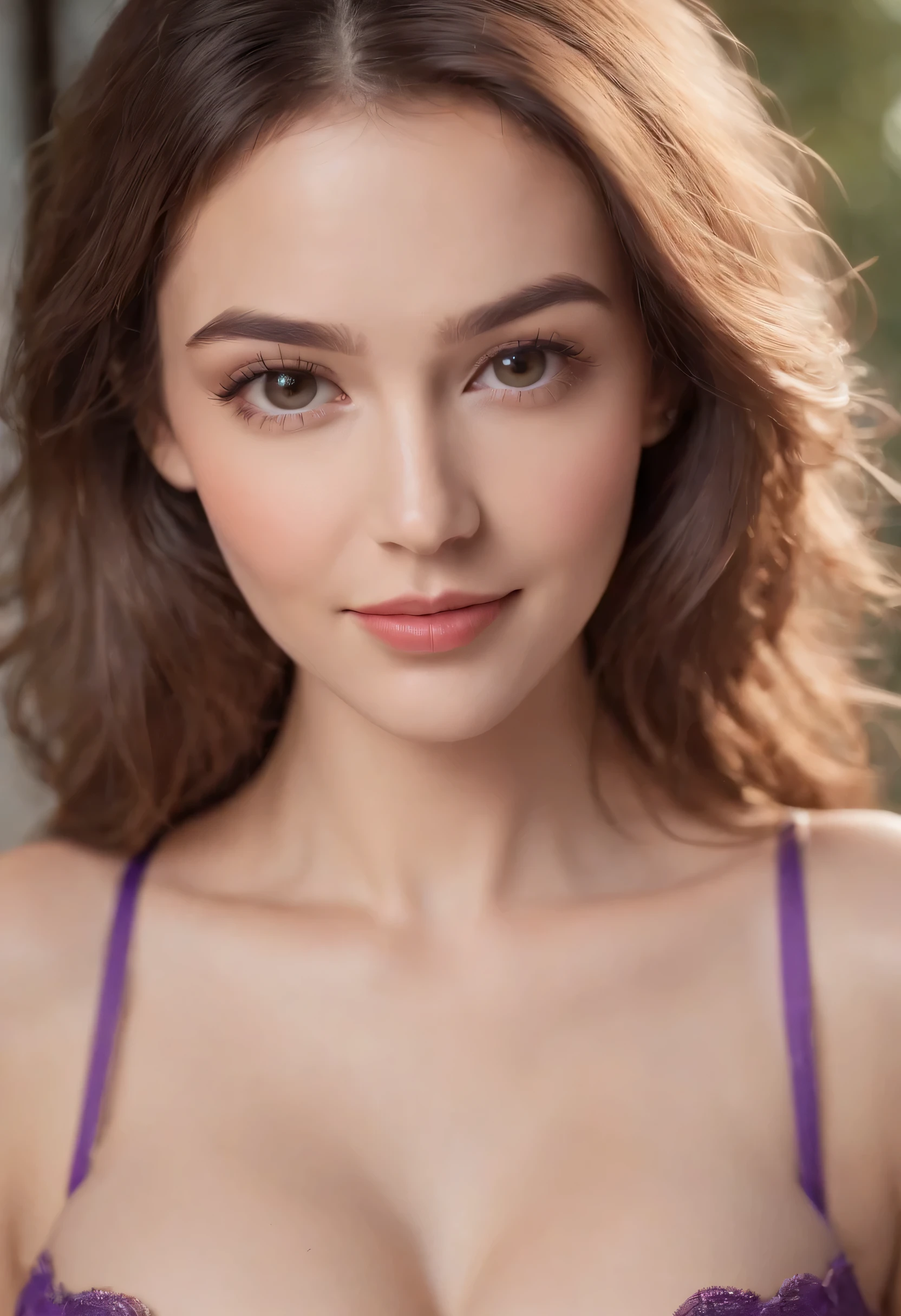 Bust shot, strapless purple bra, cleavage visible, soft large breasts, smile, European Beautiful model, 1 girl with a beautiful face, Upper Body Professional Photo, (Photo 4K:1.1) , (Sharp Focus:1.3), High Detail, Instagram Pattern Pose, confident, slim girl, big tits:1.3, perfect anatomy, perfect symmetry:1.3, Realistic, realistic face:1.2, perfect face, content, confident, very detailed, and dramatic, Lighting scene, bright lighting, short hair