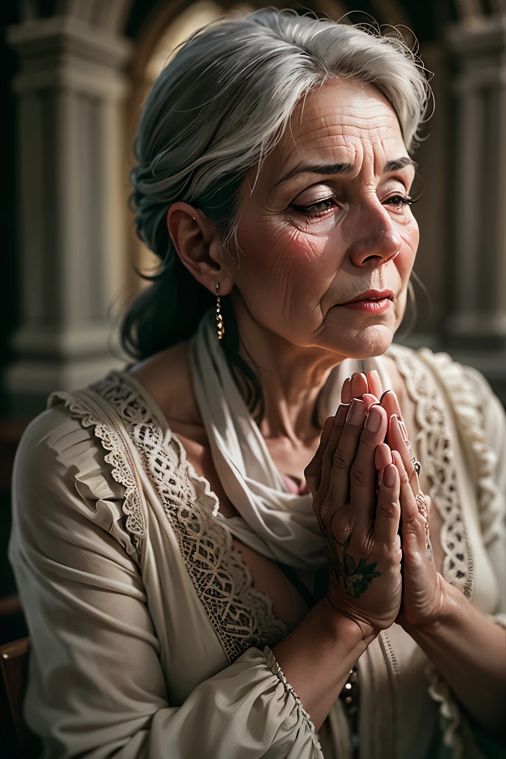 Photo of a beautiful mature woman with her hands praying, cinematic lighting, depth of field,
church background, Realism, photorealistic, hyperrealism, professional photography, Ultra HD, hdr,
((best quality)), ((masterpiece)), (detailed), (perfect face)