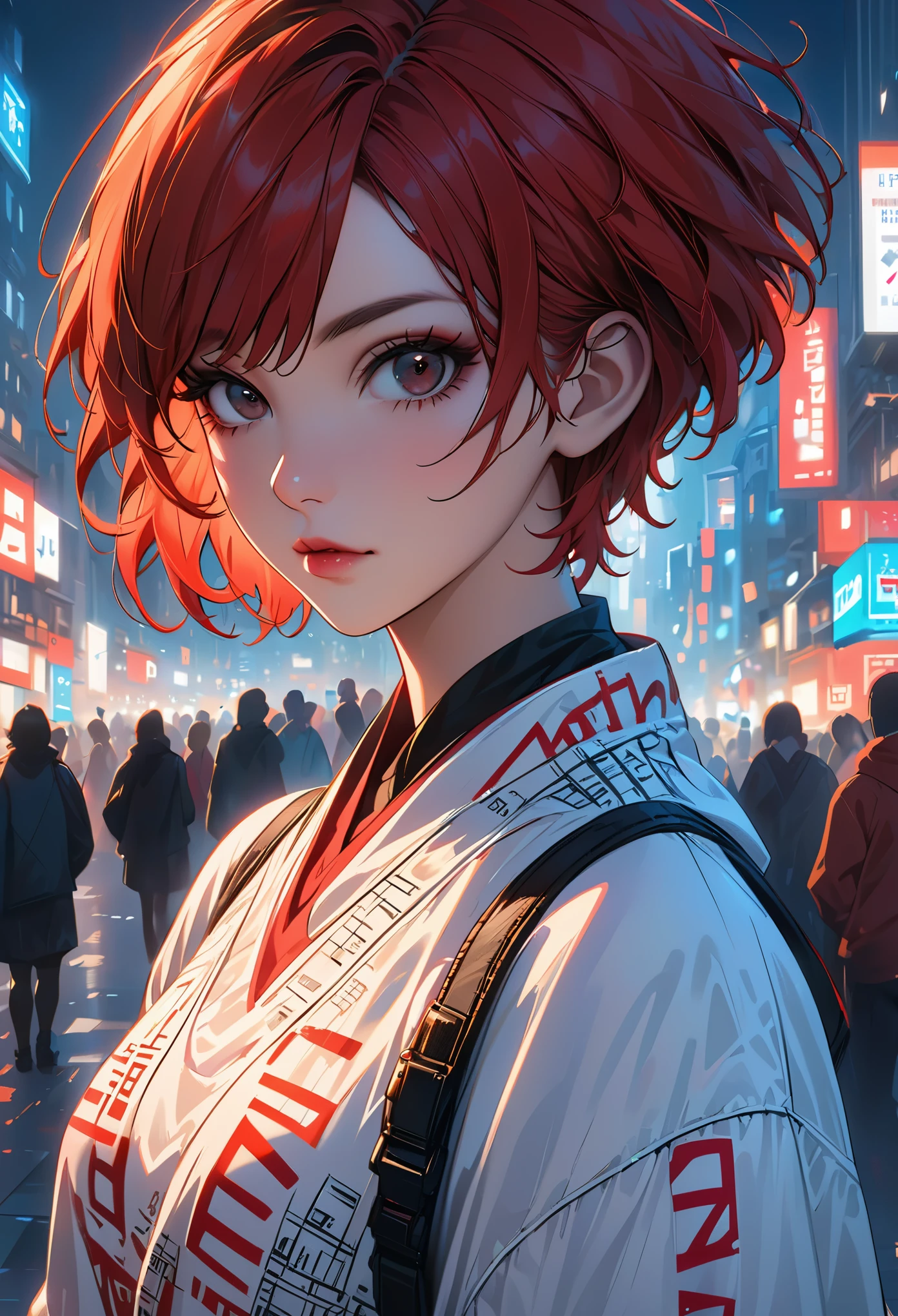 beautiful girl, bust, Bright red messy short hair, black eye shadow, (street style wear:1.2), (city background:1.2), dark makeup, The art of math, Popular topics on Artstation, highly detailed, Fine details, complex, beautiful detailed glow, detailed, movie lighting, high resolution, detailed facial features,sharp focus, Smooth, Aesthetic,