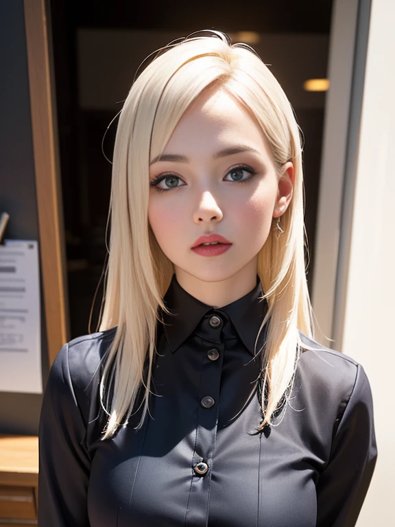 (best quality, 8k, highres, photorealistic:2.0), (solo, one girl:2.0),(lighting: front),(lighting: strong),(ultimate beautiful girl:2.0),(shiny skin),(oily skin),(platinum blonde hair:1.5),(straight hair:2.0),Blush brown makeup , dark eye makeup , use pink glossy lipstick,(big eyes girl:1.5),(thin woman:1.5),(Photographed in the sophisticated office of an information technology company:1.8),(elite business woman:1.8),(Career woman who can work very well),(I'm so absorbed in work that I don't have a boyfriend),(woman not interested in love),(I'm not interested in fashion),(I wear accessories that do not interfere with my work.),(she has no love experience at all),(she feels alone),(She is not good at talking to men),(she is shy and silent),(I don't want to stand out and I'm concerned about people's attention),(She has a dark personality and negative thoughts.:1.5),(she suffers from depression),(She has many complexes and has no one to rely on.),(intelligent woman:1.5),(A woman who takes her work seriously),(I'm a little unwell),(I like coffee and drink it all the time),(mentally unstable),(I have a hard time with insomnia.),(unpopular woman),(unconfident:1.5),(want pure love),(plain and introverted woman:1.3),(She has a hobby that she cannot tell anyone about, and that is ),(she is pure:1.5),(Prefer clothes suitable for office work),(A woman whose life is difficult),(A woman exhausted from long working hours),(woman's sex appeal:1.5),(A sweet smelling perfume from her)