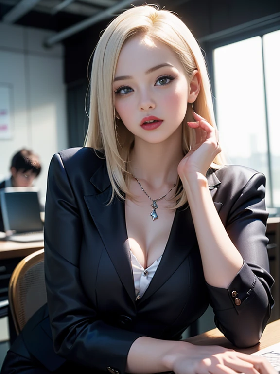 (best quality, 8k, highres, photorealistic:2.0), (solo, one girl:2.0),(lighting: front),(lighting: strong),(ultimate beautiful girl:2.0),(shiny skin),(oily skin),(platinum blonde hair:1.5),(straight hair:2.0),(kind woman:1.5),Blush brown makeup , dark eye makeup , use pink glossy lipstick,(big eyes girl:1.5),(thin woman:1.5),(Photographed in the sophisticated office of an information technology company:1.8),(elite business woman:1.8),(Career woman who can work very well),(I'm so absorbed in work that I don't have a boyfriend),(woman not interested in love),(I'm not interested in fashion),(I wear accessories that do not interfere with my work.),(she has no love experience at all),(she feels alone),(She is not good at talking to men),(she is shy and silent),(I don't want to stand out and I'm concerned about people's attention),(She has a dark personality and negative thoughts.:1.5),(she suffers from depression),(She has many complexes and has no one to rely on.),(intelligent woman:1.5),(A woman who takes her work seriously),(I'm a little unwell),(I like coffee and drink it all the time),(mentally unstable),(I have a hard time with insomnia.),(unpopular woman),(unconfident:1.5),(want pure love),(plain and introverted woman:1.3),(She has a hobby that she cannot tell anyone about, and that is masturbation),(she is pure:1.5),(Prefer clothes suitable for office work),(A woman whose life is difficult),(A woman exhausted from long working hours),(woman's sex appeal:1.5),(A sweet smelling perfume from her)
