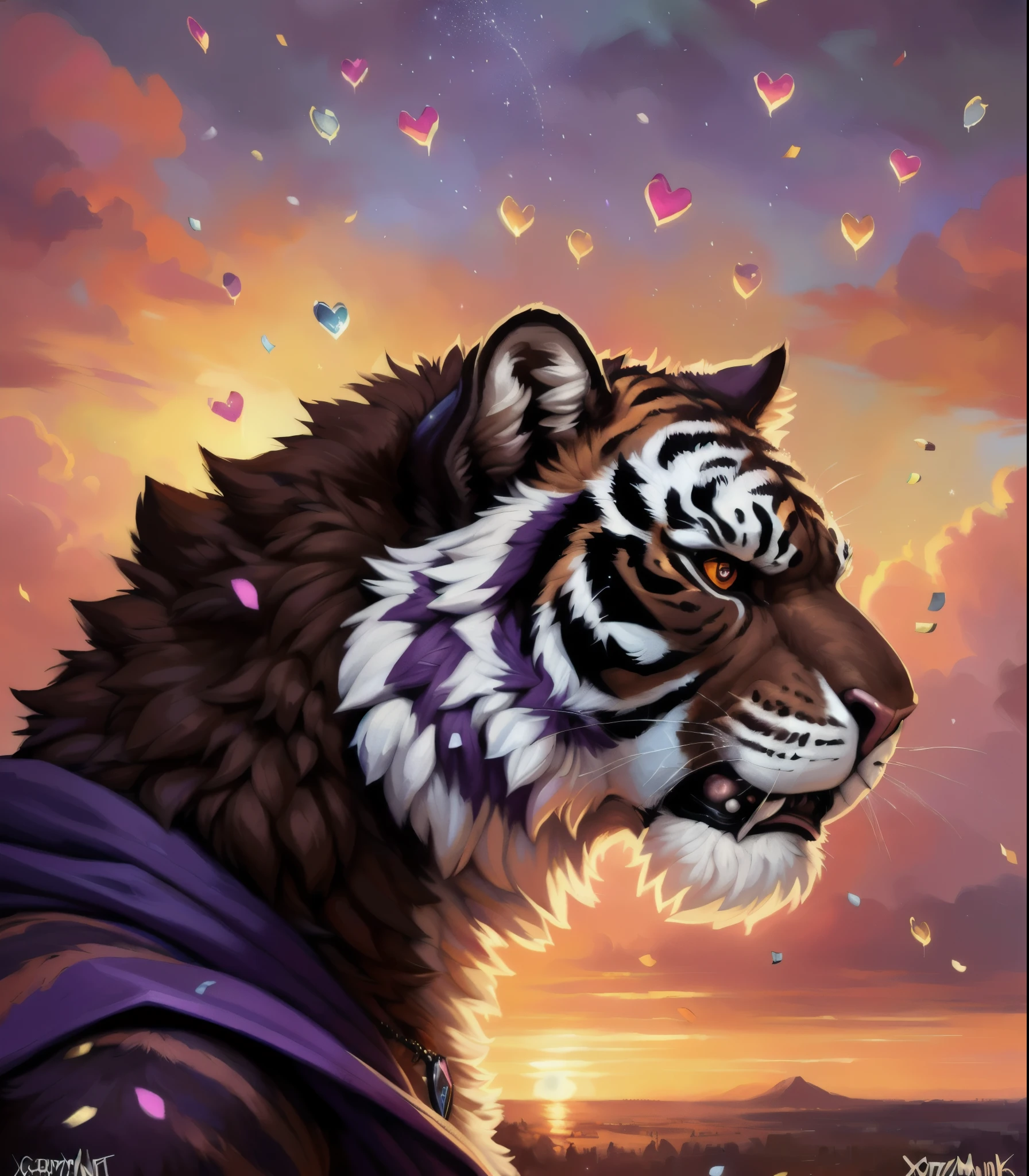 [🐯🐅], (absurd res), ((ultra high resolution)), (((masterpiece quality))), (breathtaking painstakingly detailed background), (impressive lighting), (Sunset clouds), (floating hearts), ((sparkles)), confetti, sunlight beams, god rays, ⫷|⫸ by foxovh, by sligarthetiger, by cumbread, by gammainks, by seibear, by lollipopcon, by dizzyknight, by greasymojo, by xpray, by roly, by honovy, by taran fiddler, by kenket, by Bayard Wu, by Thomas Benjamin Kennington, by Duase, posted on e621, (sunset clouds), ((sparkles)), (floating hearts), food, confetti, cinematic lighting, ⫷|⫸ jewelry, necklace, bracelet, bodily accessories, ear accessory, arm accessory, neck accessory, (feet accessory), ⫷|⫸ (fuzzy furry body:1.6), long ears, ((fur pattern)), ((exotic mammal)), (raised tail), presenting face, [slightly chubby feral], ⫹|⫺ alone, male, large body, (black Siberian tiger), (dark brown fur:1.6), (striped fur:1.5), (dark purple stripes:1.5), ((interesting Fur Pattern)),oft puffy nosebridge, (big blocky snout), (((head close-up))), (professional photoshoot), dutch angle, 8k, uhd, | ⫹|⫺ filth, messy, (cape-like Trench coat), ((super cool action pose)), (feral:1.6), (angry face:1.5), (side view:1.4), (detailed face:1.4), ((close-up)), bust shot, ((detailed eyeballs)), (beautiful attractive pupils:1.4), (roar:1.4), (extreme close-up), full face of a black tiger, ((purple blushing)), (BROWN eyes, rainbow pupils)