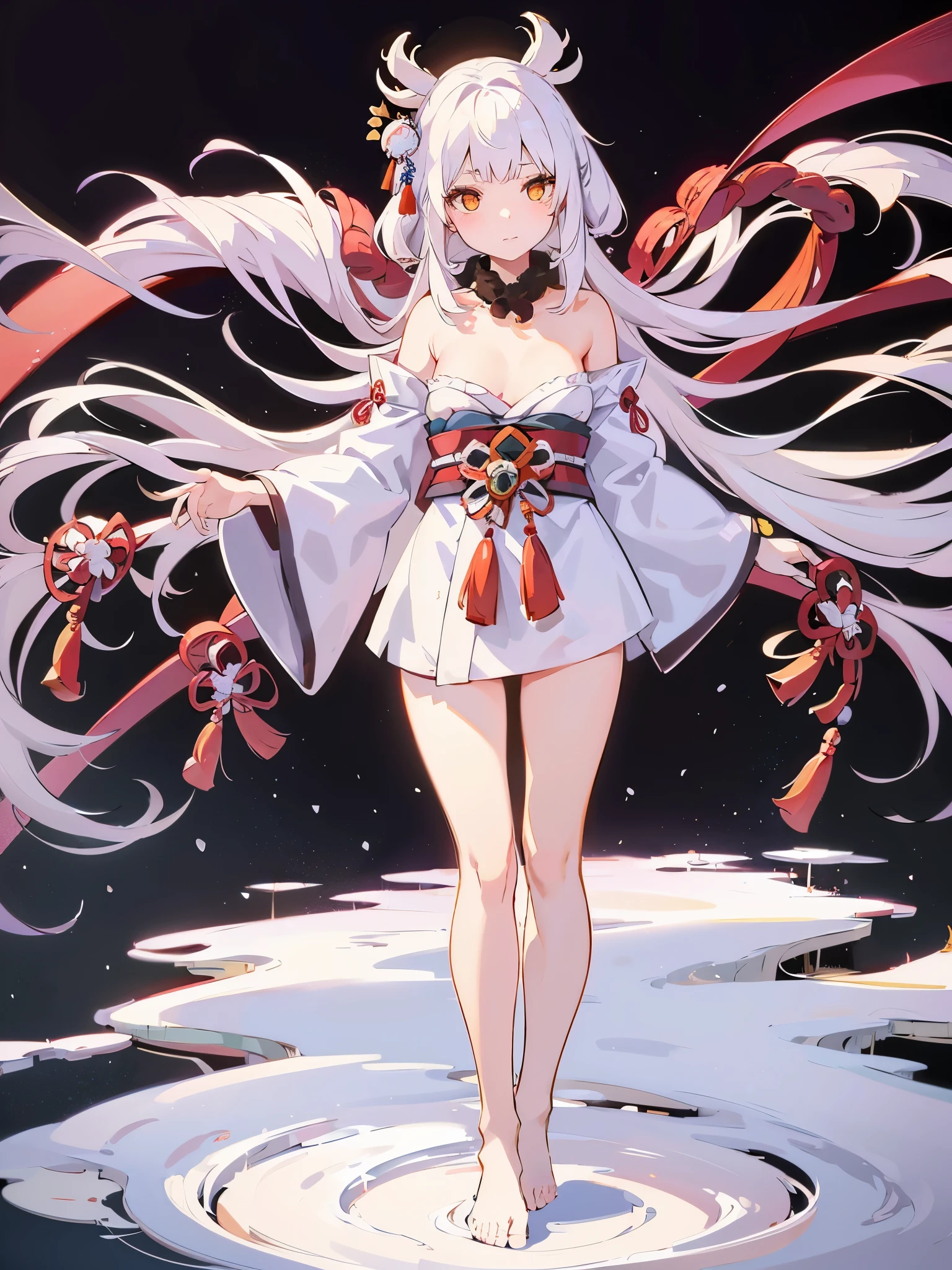 1girl, snow spirit, yuki-onna, Youkai girl, long kimono, exposed cleevage, small breasts, cute face, big eyes, white eye color, long white hair, calm expression, japanese temple in blizzard background, bare feet shot, full body lenght visible, traditional japanese underwear, good hands(2), cowboy shot, standing