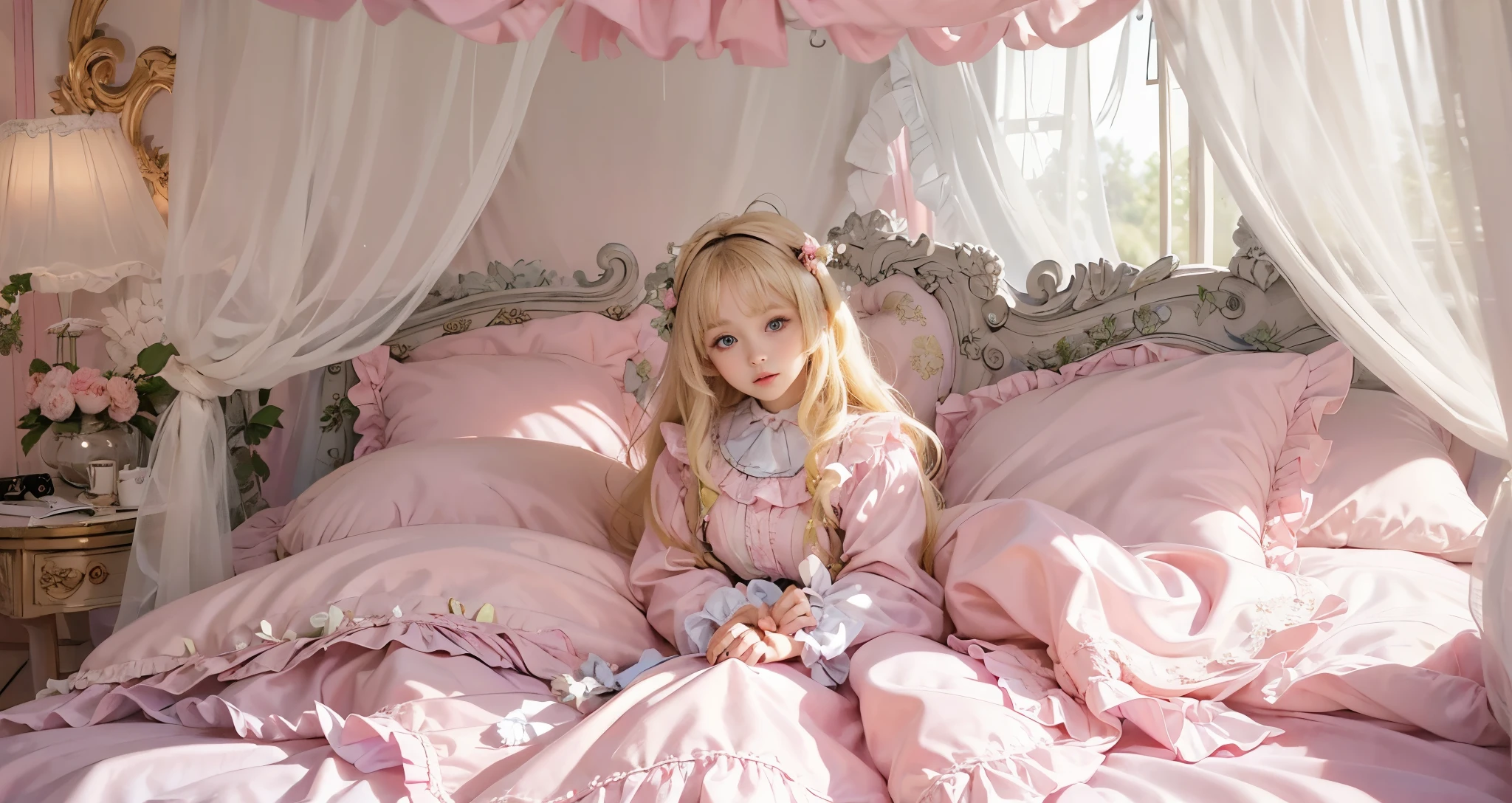 ,highest quality, masterpiece, highest resolution, artwork, super それにget used to it, many get used to it, get used to it, それにget used to it, 3K realistic photos,(( 10 year old girl)),Super detailed baby face,high quality small face,long blonde hair that grows to the waist,blue eyes,白い肌のeuropean,pajamas, european,(((super long blonde hair))),curly hair,blue eyes,((((ピンクのロリータファッションのlong skirtのワンピースドレス)))),((Pink nightgown with lots of frills and ribbons)),((Luxurious headdress with frills and ribbons)),detailed headdress,,(((big yoke collar))),Yoke collar with ruffles and ribbons,((((long sleeve)))),ruffle sleeves,((((long skirt)))),white ruffle and lace socks,large frill and ribbon pillow,(((Nice pink outfit))),豪華なcanopy bedの上,canopy bed,The bed is surrounded by luxurious curtains,many frilly pillows on the bed,There are many frilly pillows behind the girl.,super detailed background,detailed bed,soft pink comforter,Highly detailed soft ruffle pillow,Beautiful girl illustration,detailed beautiful face,fine hair,detailed eye ,detailed eyes,detailed mouth, arm details,fine hands,Detailed pillow,wide bed,Illustration on the bed, ,((((round futon)))),((((A large ruffled futon that covers the entire bed)))),detailed comforter,detailed bedシーツ,Before bedtime,romantic atmosphere,palace bedroom,((((The lower half of the body is completely covered by a large, bulging futon..)))) The girl is leaning on a pile of pillows, ,((((round futon)))),((((A large ruffled futon that covers the entire bed)))),