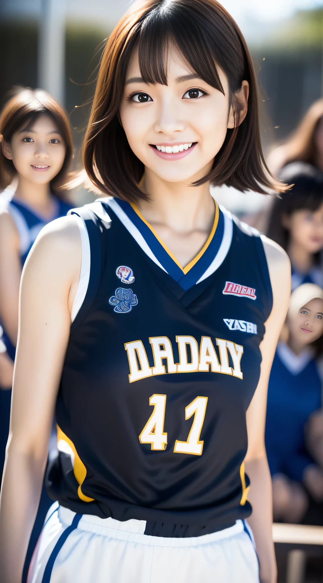 Asian woman wearing a basketball uniform, catalyst,wearing a basketball jersey, wearing a volleyball jersey, wearing an NBA jersey, half pants, certificate, close up portrait shot, Refreshing young Japanese woman, cute idol sculpture, Summer all over the body, Model is wearing a technical vest, smile, nffsw, table top, award-winning, 8k, highest quality, smile refreshingly, Haruka Ayase, Assist々Kiki, Kana Hashimoto, Mai Shiraishi, Nishino Nanase, Mei Watanabe, Yuki Yoda, Assist々xylophone, Aoi Miyazaki, Yuko Takeuchi, Yuki Uchida, Suzu Hirose, Aya Ueto, award-winning, nffsw, table top, anatomically correct, In 8K