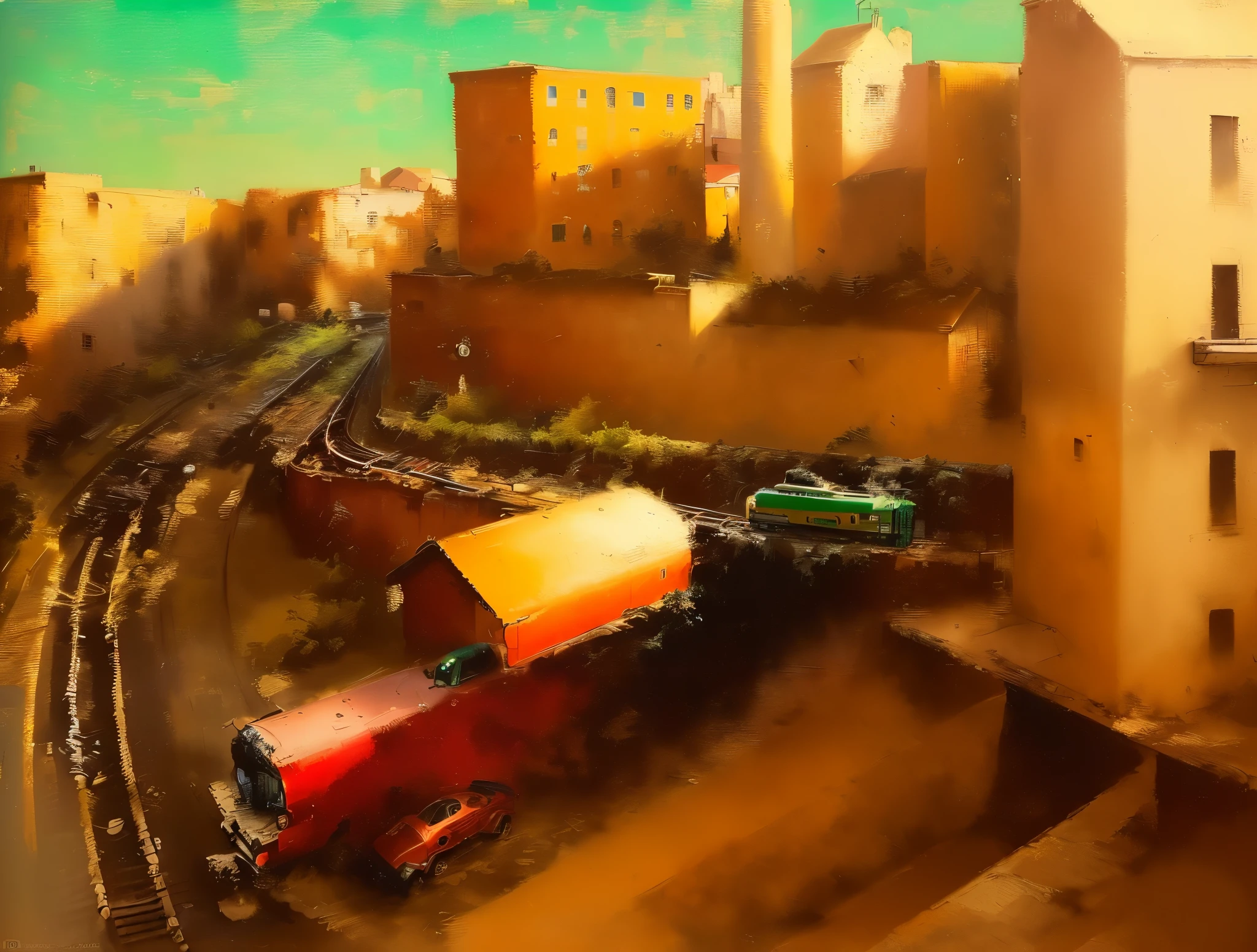 painting of a train track with buildings and a car on it, italian futurism style, 1 9 2 7 oil on canvas, italian futurism, oil on canvas (1921), by Richard Pionk, oil on canvas (1921)”, inspired by Józef Mehoffer, city landscape, by Józef Mehoffer