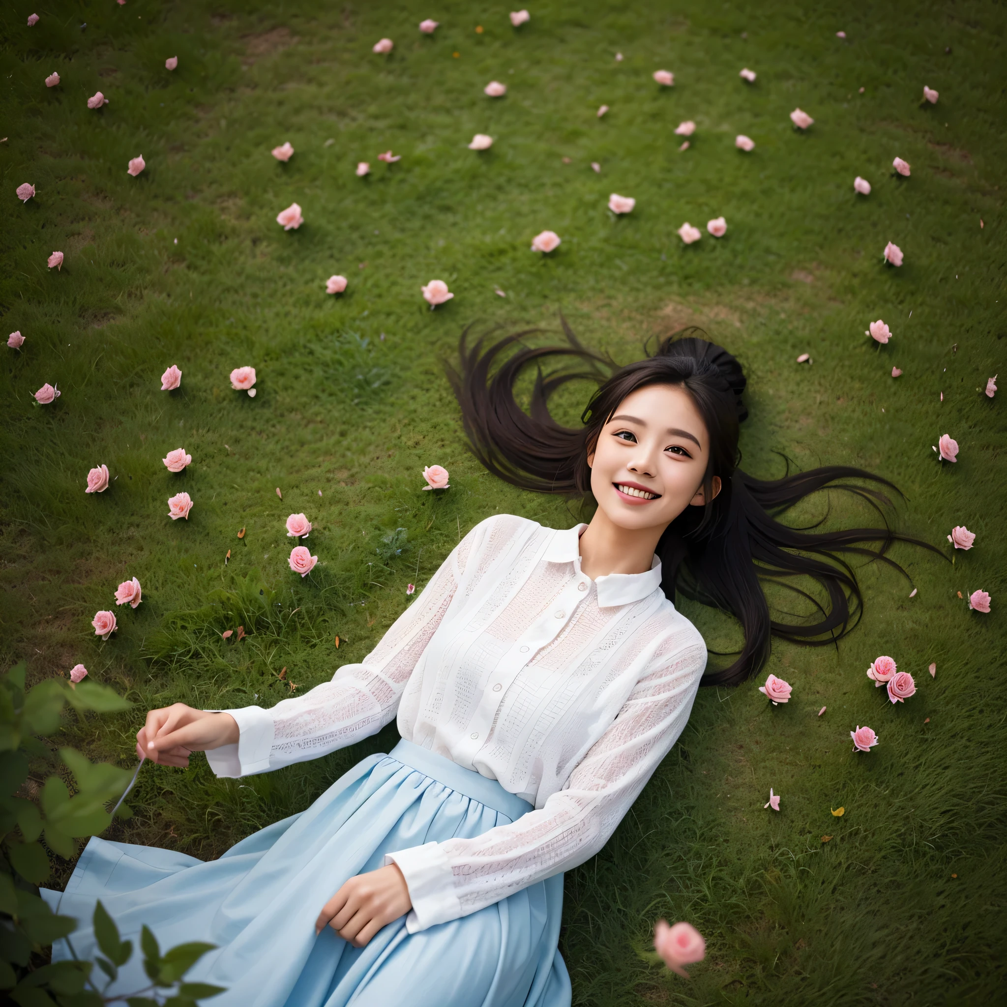 TYPE : Beauty Photography
THEME : Natural 
RACE : Indonesian, young
PERSON 1 : Early 20s, woman
SCENE : outdoor,lie down in the grassland, middle of full fields of very tall and beutiful rose, wearing patterned closed long sleeve and skirt dress, long sleeve,  long full closed skirt , smile, make, creating and beauty atmosphere, ponytail hair
PROPS: bushes and rose , sunset , long full closed skirt
CAMERA : photographed using an Canon eos 90d DSLR camera with 18-135mm lens
, best preset lighting , skin texture , detailed face , 
ANGLE : angled from above ,High Dynamic Range (HDR) shot , rule of third