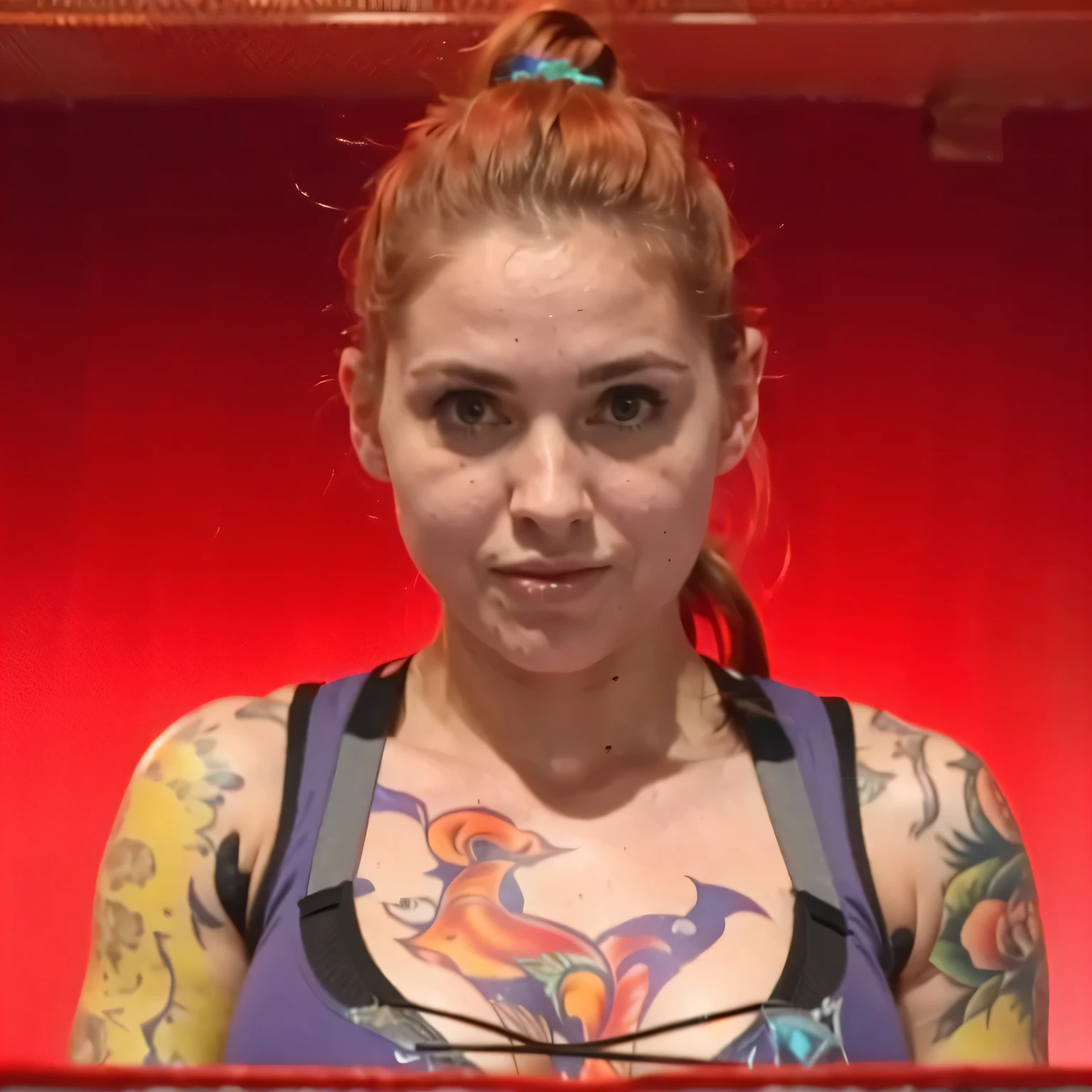 women in early to mid twenty's, reddish brown hair, high ponytail, nose piercing, wears a purple sports-bra with black edges, tattooed chest and arms, looking like a mma fighter or wrestler