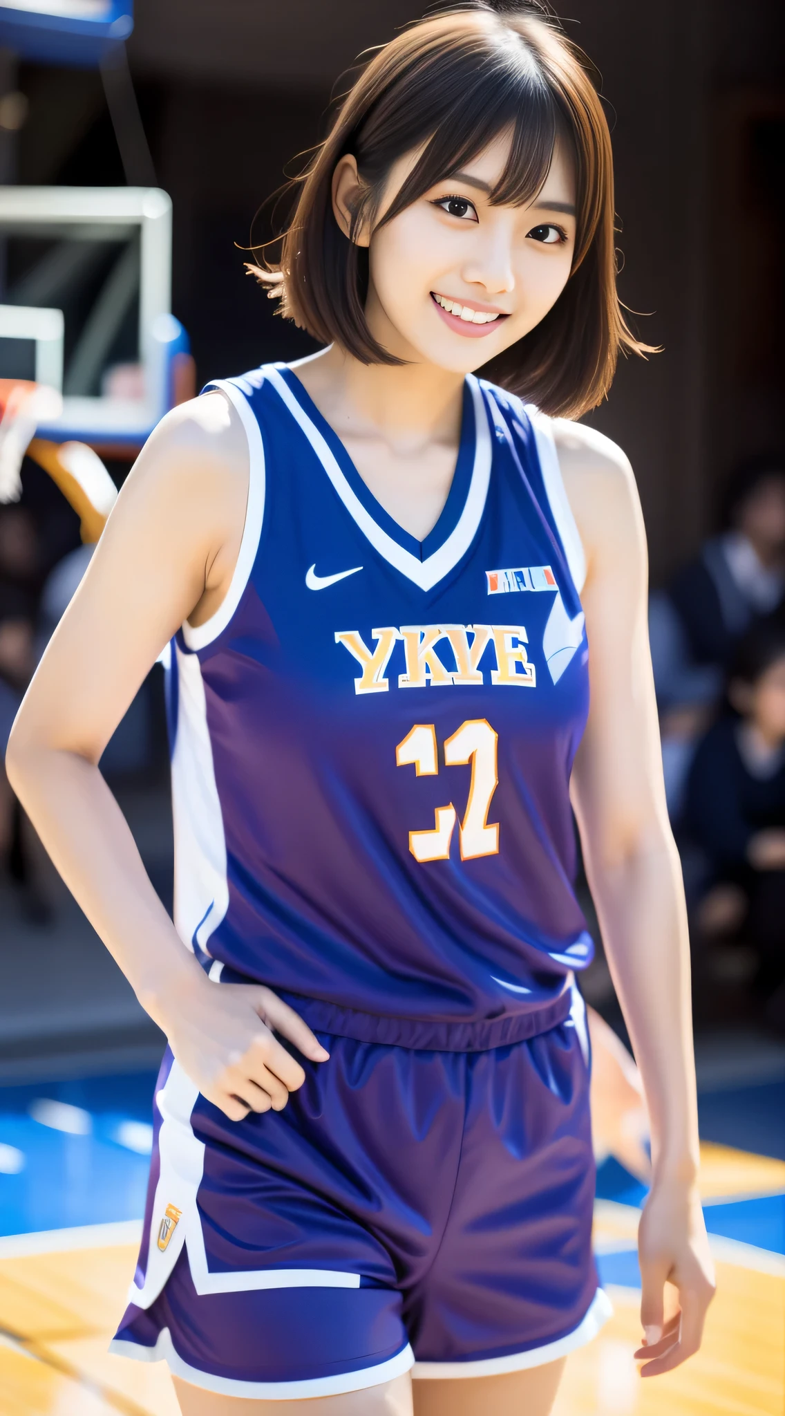 Asian woman wearing a basketball uniform, catalyst,wearing a basketball jersey, wearing a volleyball jersey, wearing an NBA jersey, half pants, certificate, close up portrait shot, Refreshing young Japanese woman, cute idol sculpture, Summer all over the body, Model is wearing a technical vest, smile, nffsw, table top, award-winning, 8k, highest quality, smile refreshingly, Haruka Ayase, Assist々Kiki, Kana Hashimoto, Mai Shiraishi, Nishino Nanase, Mei Watanabe, Yuki Yoda, Assist々xylophone, Aoi Miyazaki, Yuko Takeuchi, Yuki Uchida, Suzu Hirose, Aya Ueto, award-winning, nffsw, table top, anatomically correct, In 8K