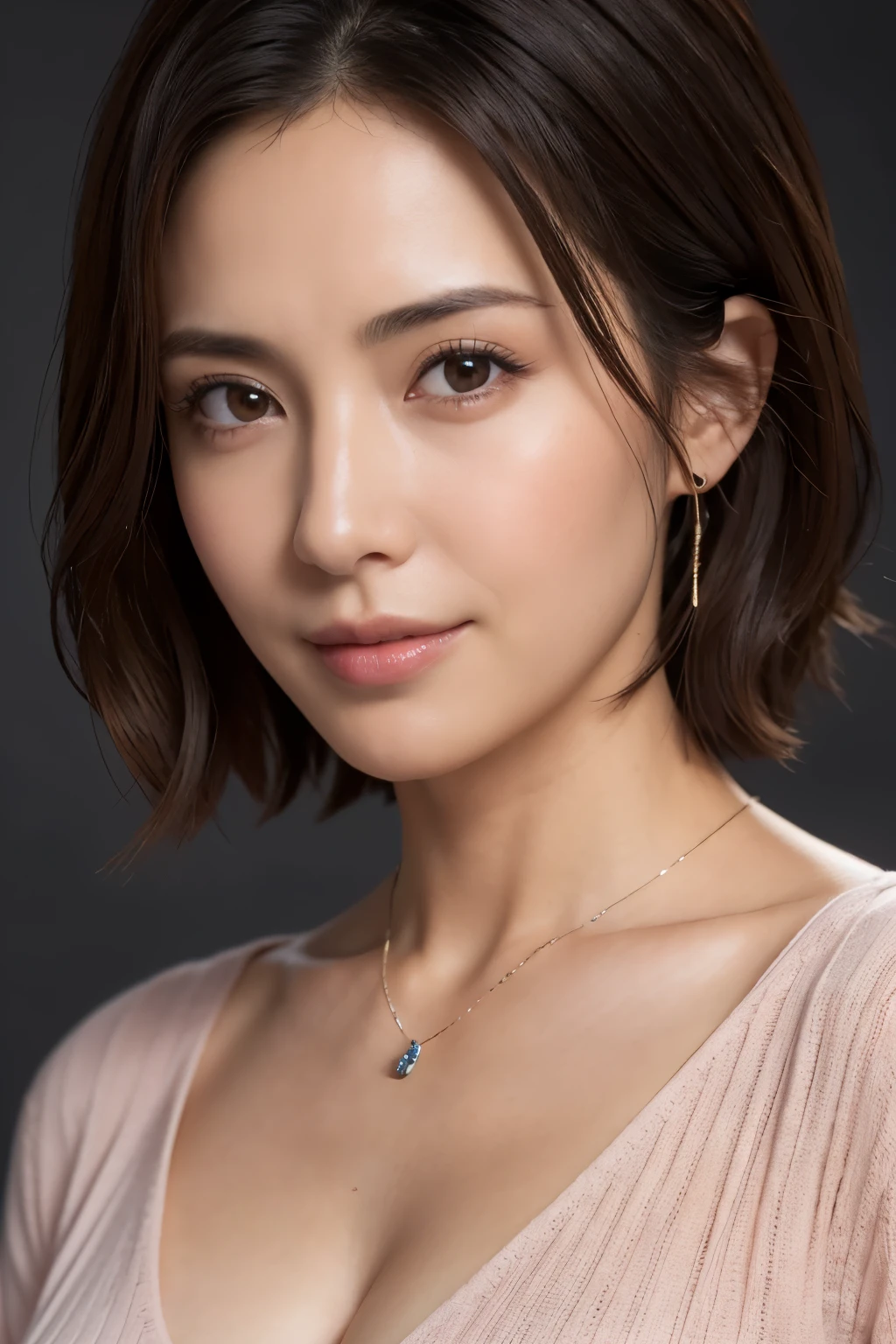 (Best quality, 8k, 32k, Masterpiece, UHD:1.2),Photo of Pretty Japanese woman, large breasts, very short bob hair,upper body,(oversized_sweater,:1.1) necklace, simple background, looking at around
