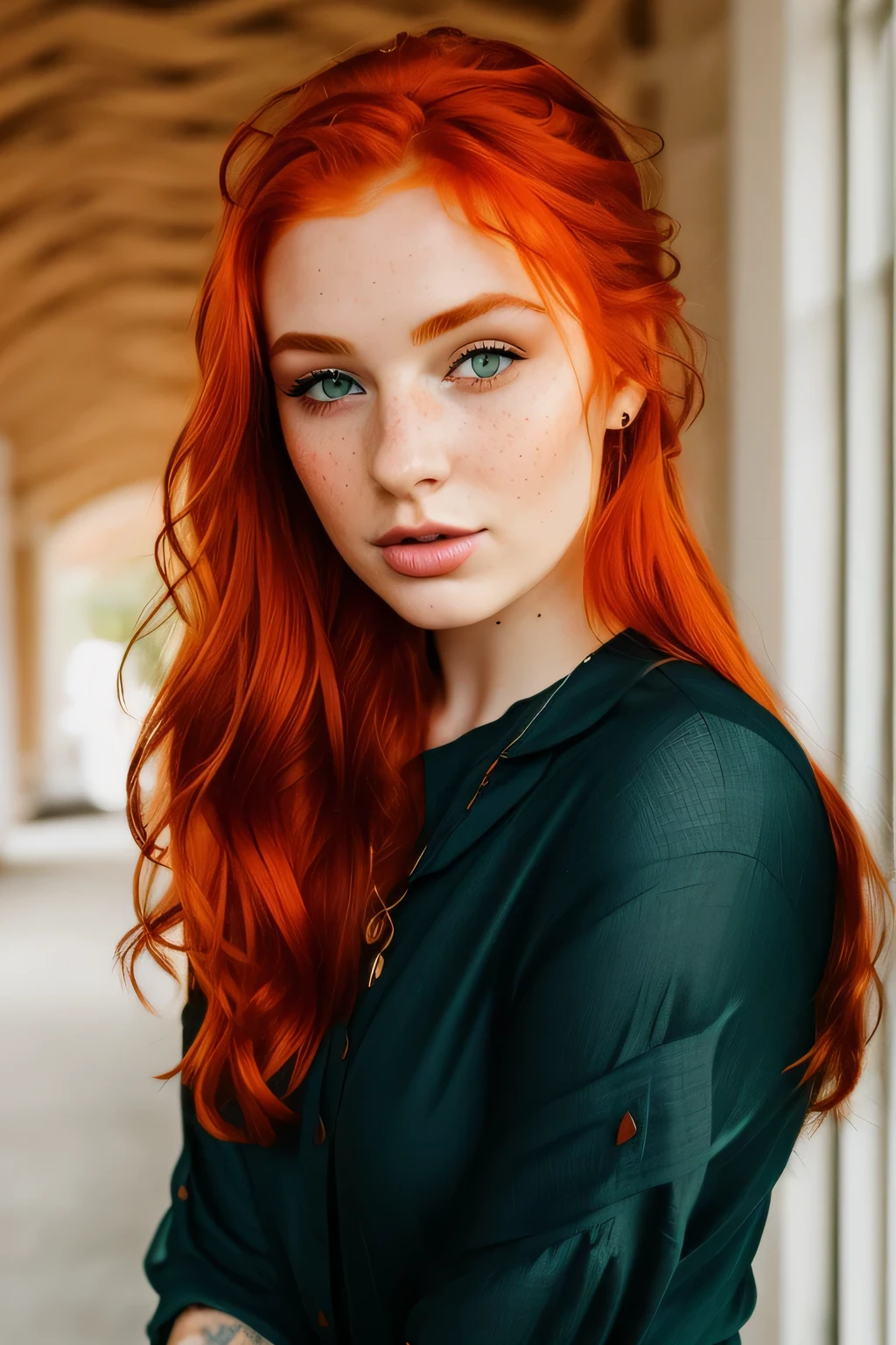 there is a woman with red hair posing for a picture, portrait sophie mudd, redhead girl, red hair and freckles, a redheaded young woman, redhead woman, beautiful redhead woman, with freckles, stunning portrait, ginger hair with freckles, high quality portrait, gorgeous portrait, anna nikonova aka newmilky, portrait of a beautiful model, red haired young woman