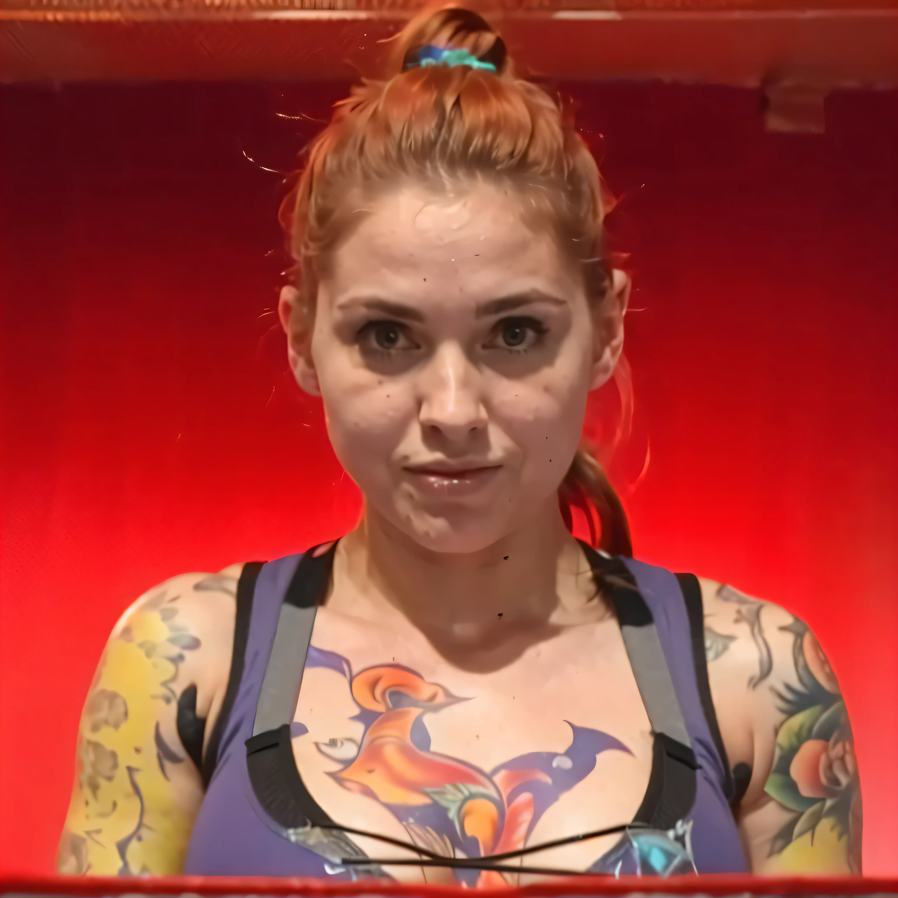 women in early to mid twenty's, reddish brown hair, high ponytail, nose piercing, wears a purple sports-bra with black edges, tattooed chest and arms, looking like a mma fighter or wrestler